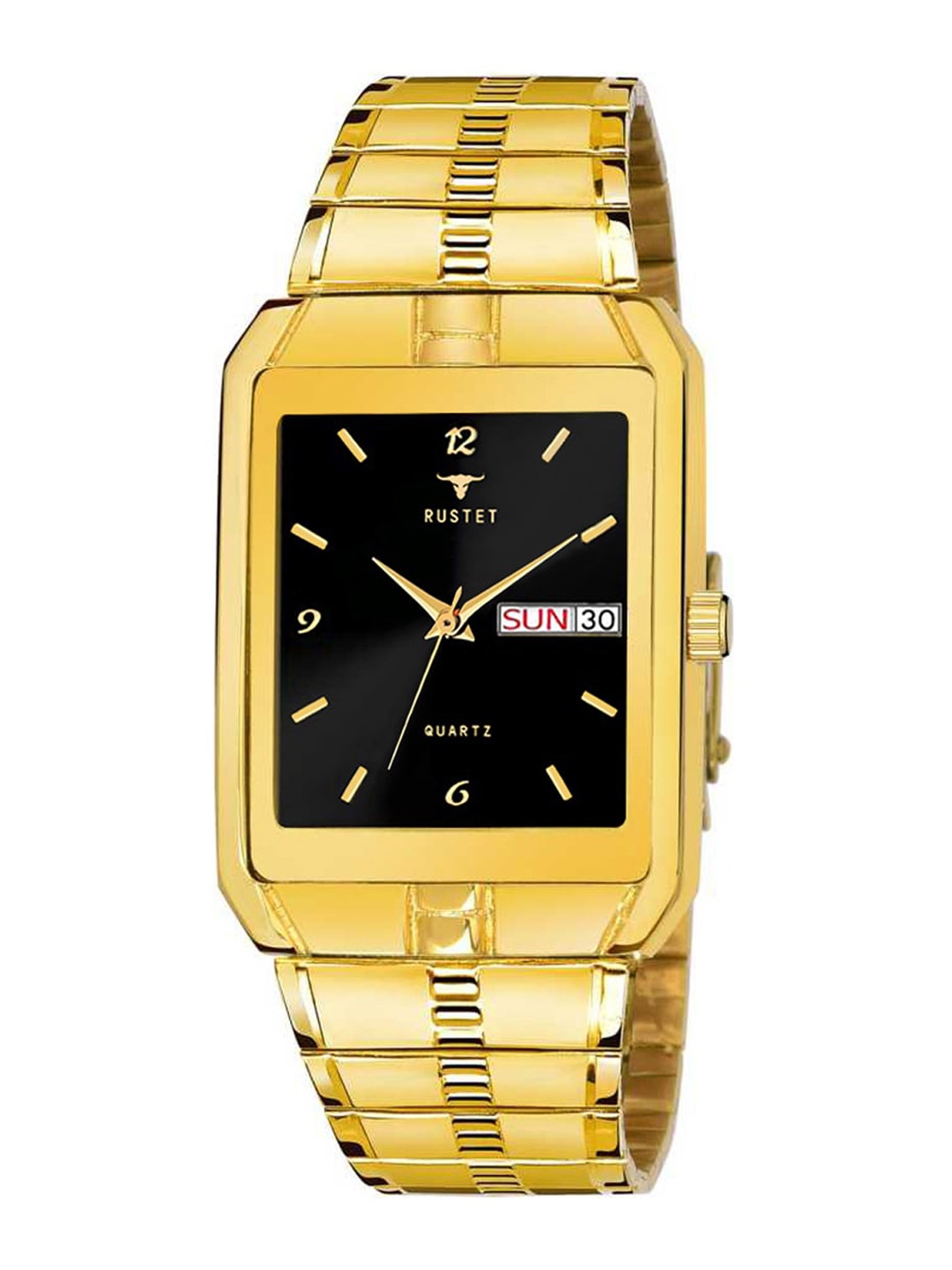 

RUSTET Men Black Brass Dial & Gold Toned Stainless Steel Bracelet Style Straps Analogue Watch