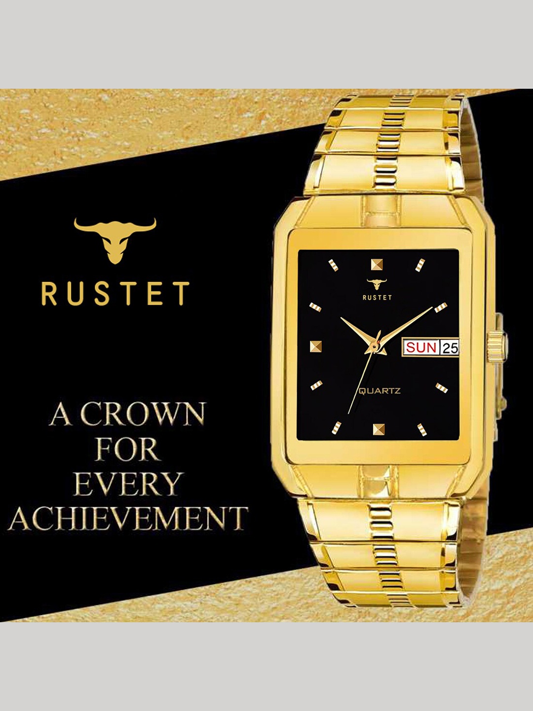 

RUSTET Men Black Brass Dial & Gold Toned Stainless Steel Bracelet Style Straps Analogue Watch