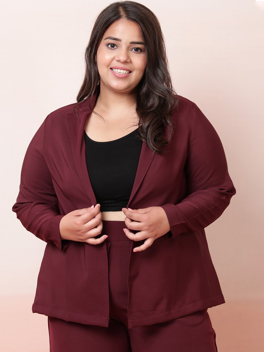 

Amydus Women Maroon Solid Single-Breasted Blazer Plus size