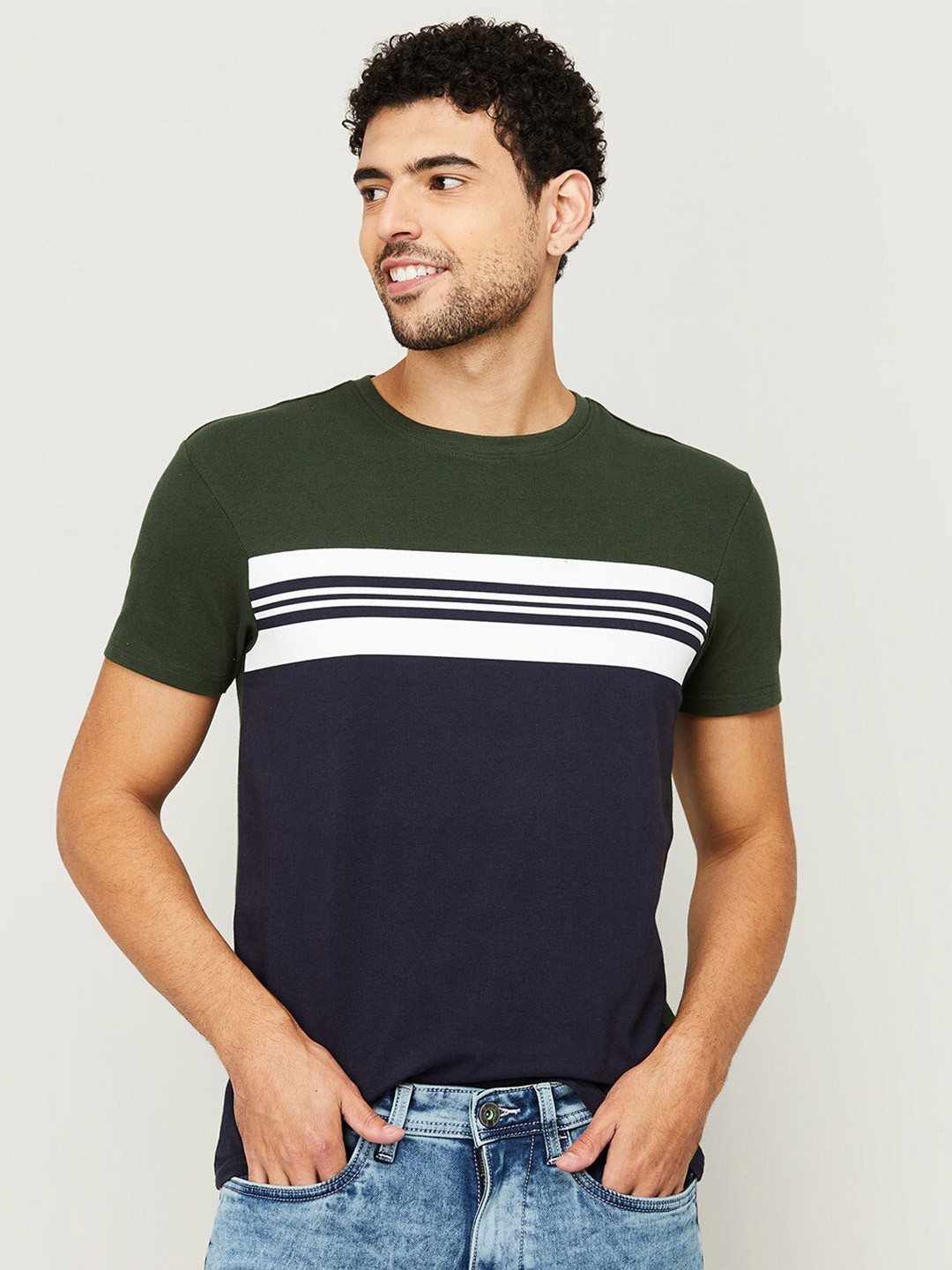 

Fame Forever by Lifestyle Men Navy Blue & Green Colourblocked Cotton T-shirt