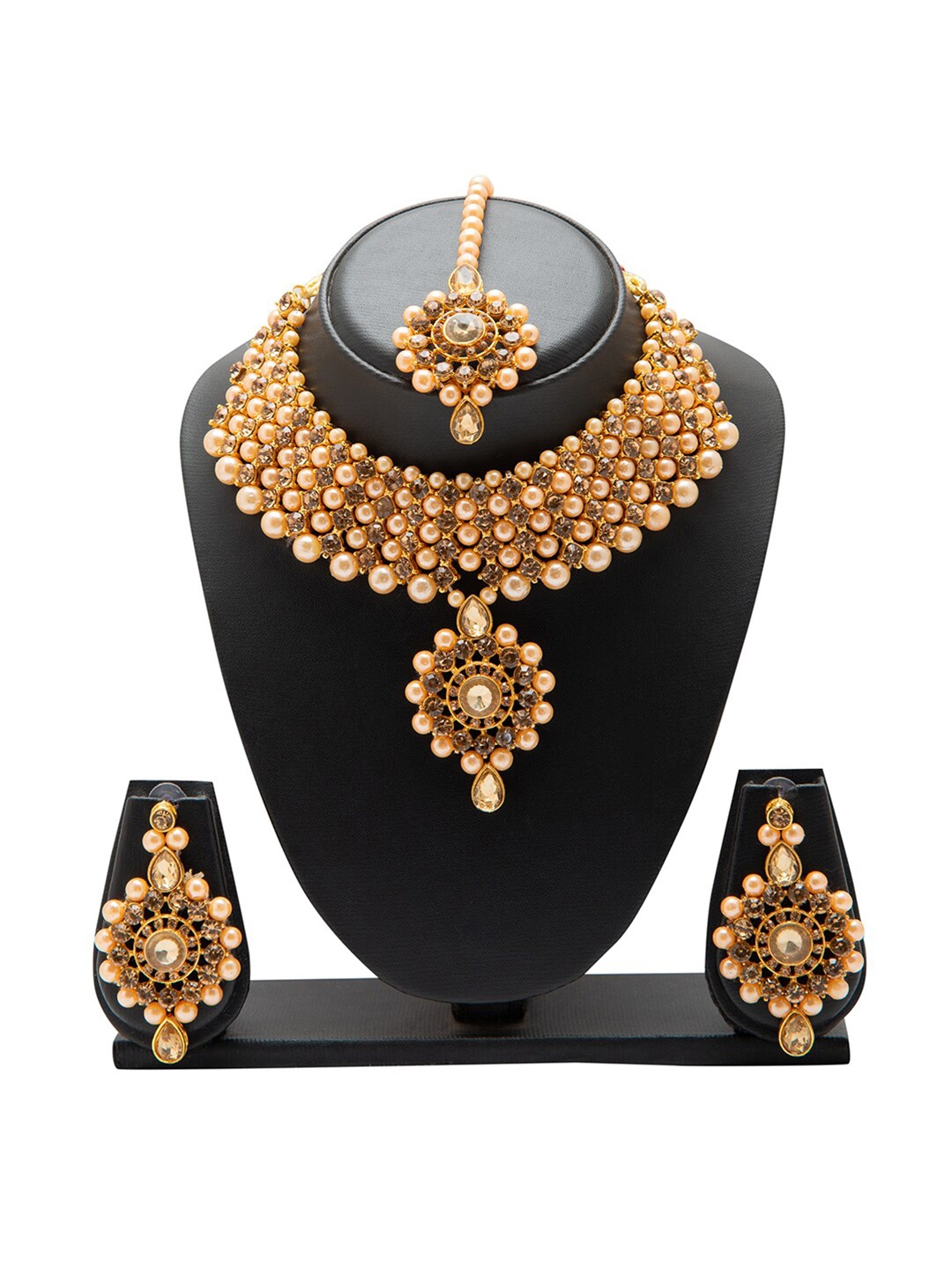 

Shining Jewel - By Shivansh Gold-Plated & Beige Pearls Jewellery Set with Maang Tika