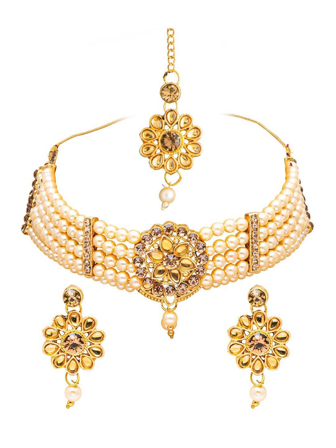 

Shining Jewel - By Shivansh Gold-Plated White Pearl Beaded Choker Jewellery Set