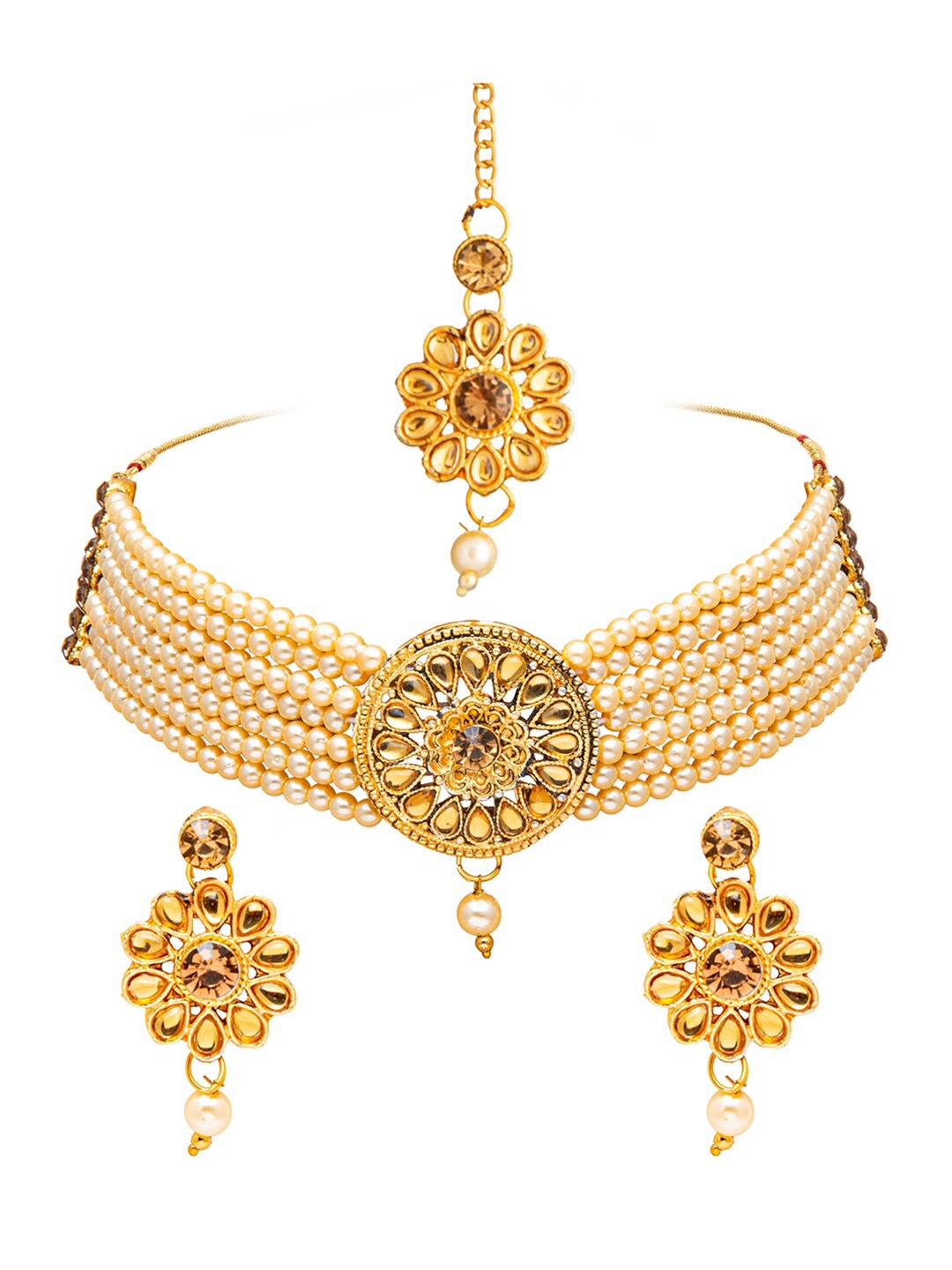 

Shining Jewel - By Shivansh Gold-Toned Gold-Plated Choker Necklace Earring & Maang Tikka