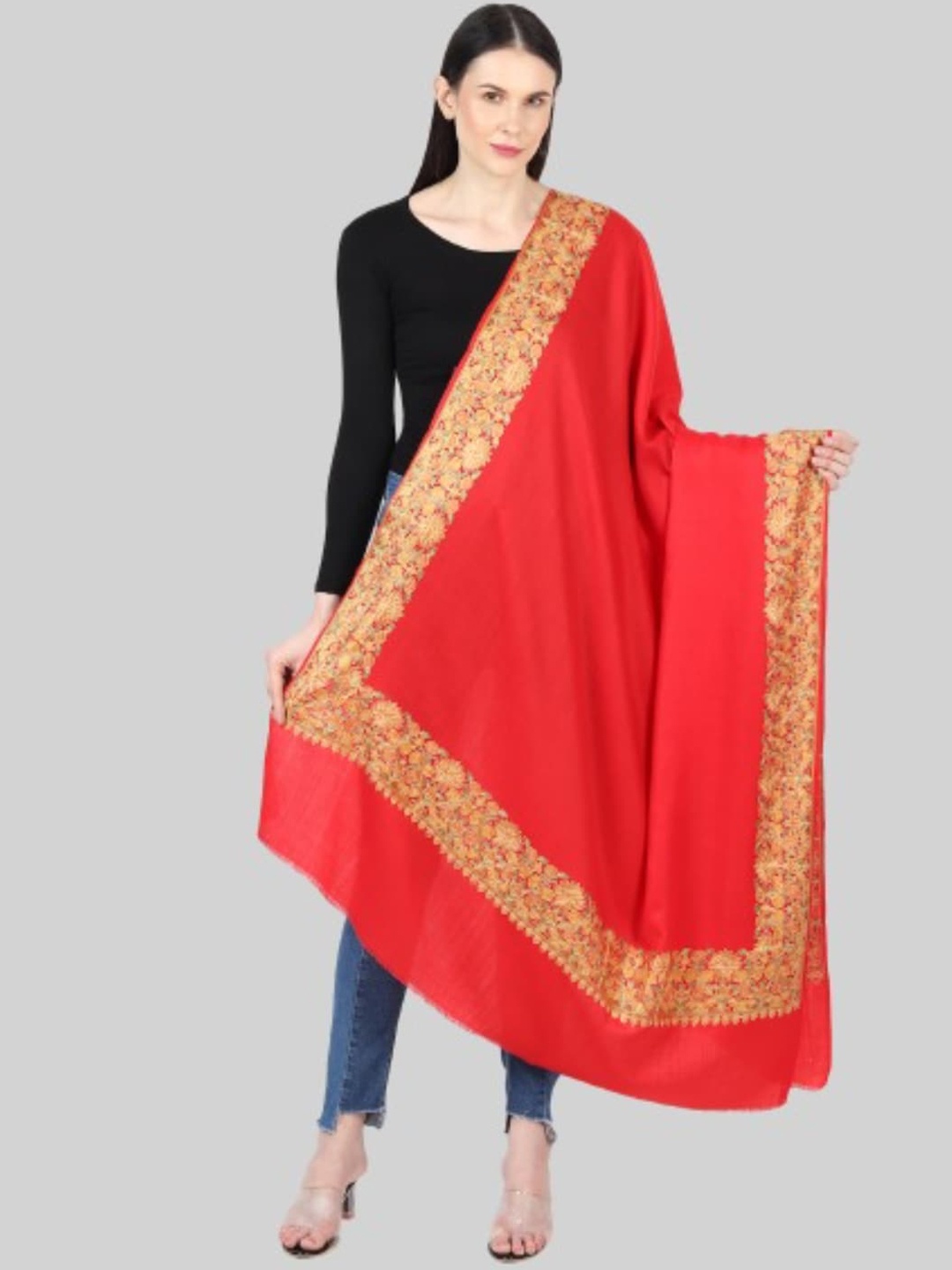 

MUFFLY Women Red Embroidered Pashmina Wool Shawl