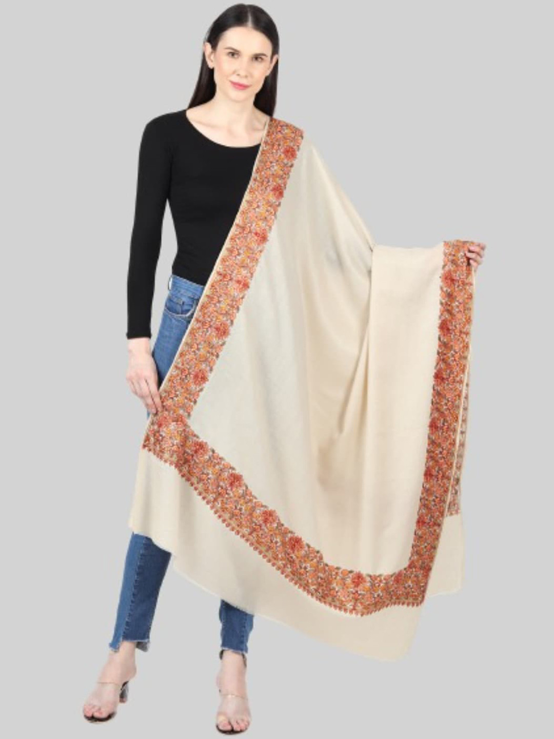 

MUFFLY Women Beige Embroidered Woolen Shawl