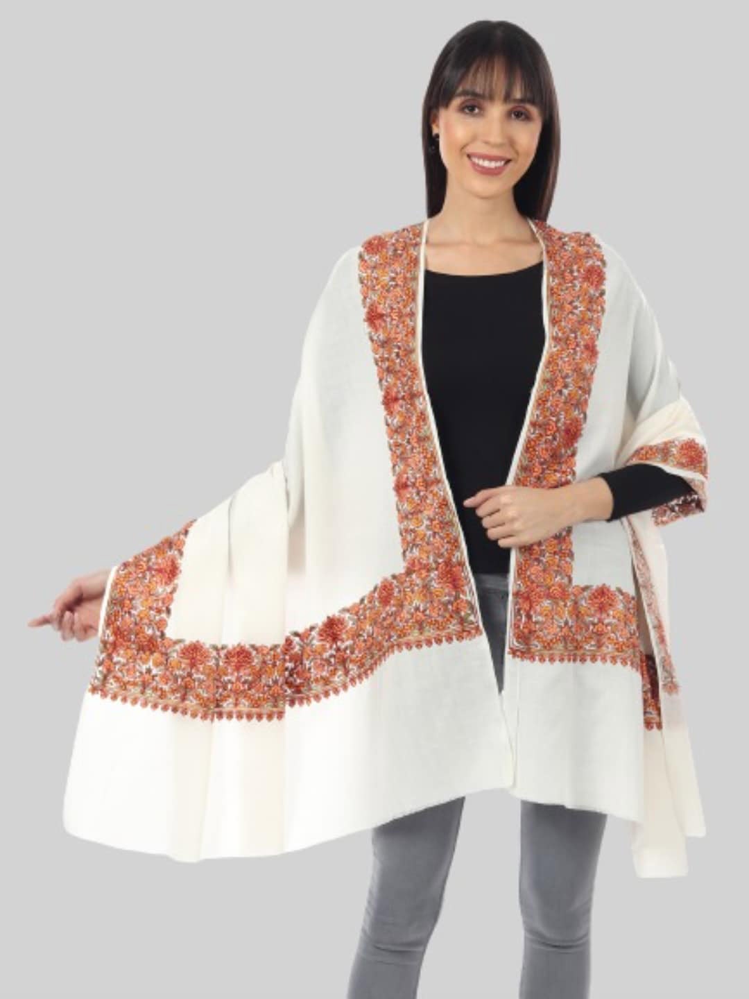 

MUFFLY Women White Embroidered Woolen Shawl