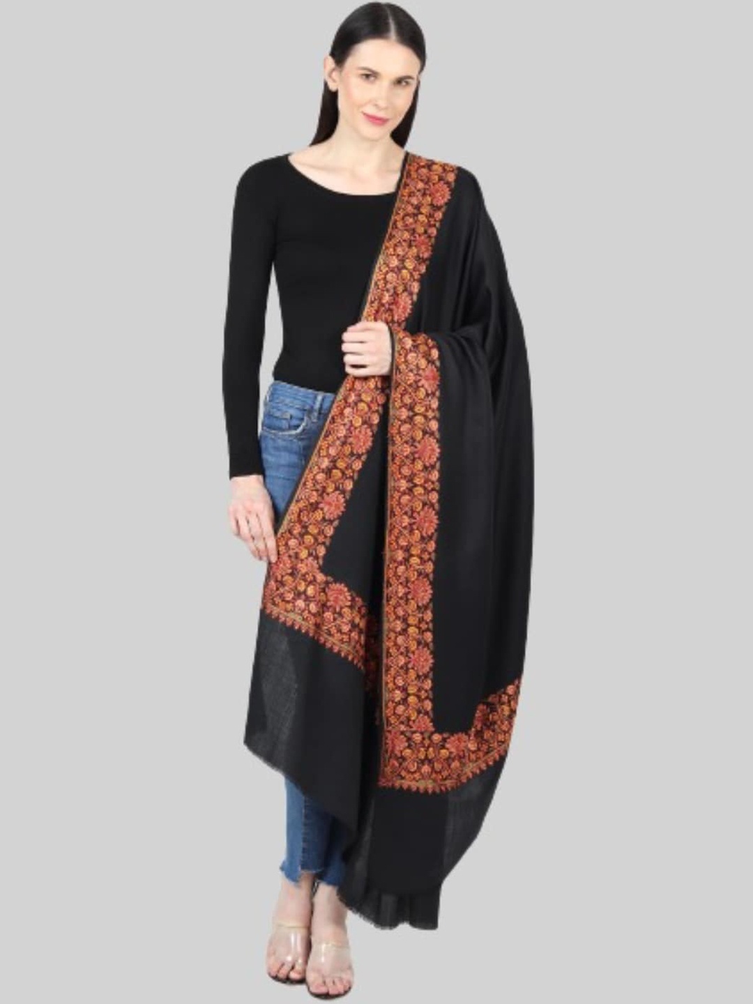 

MUFFLY Women Black Embroidered Pure Woolen Shawl