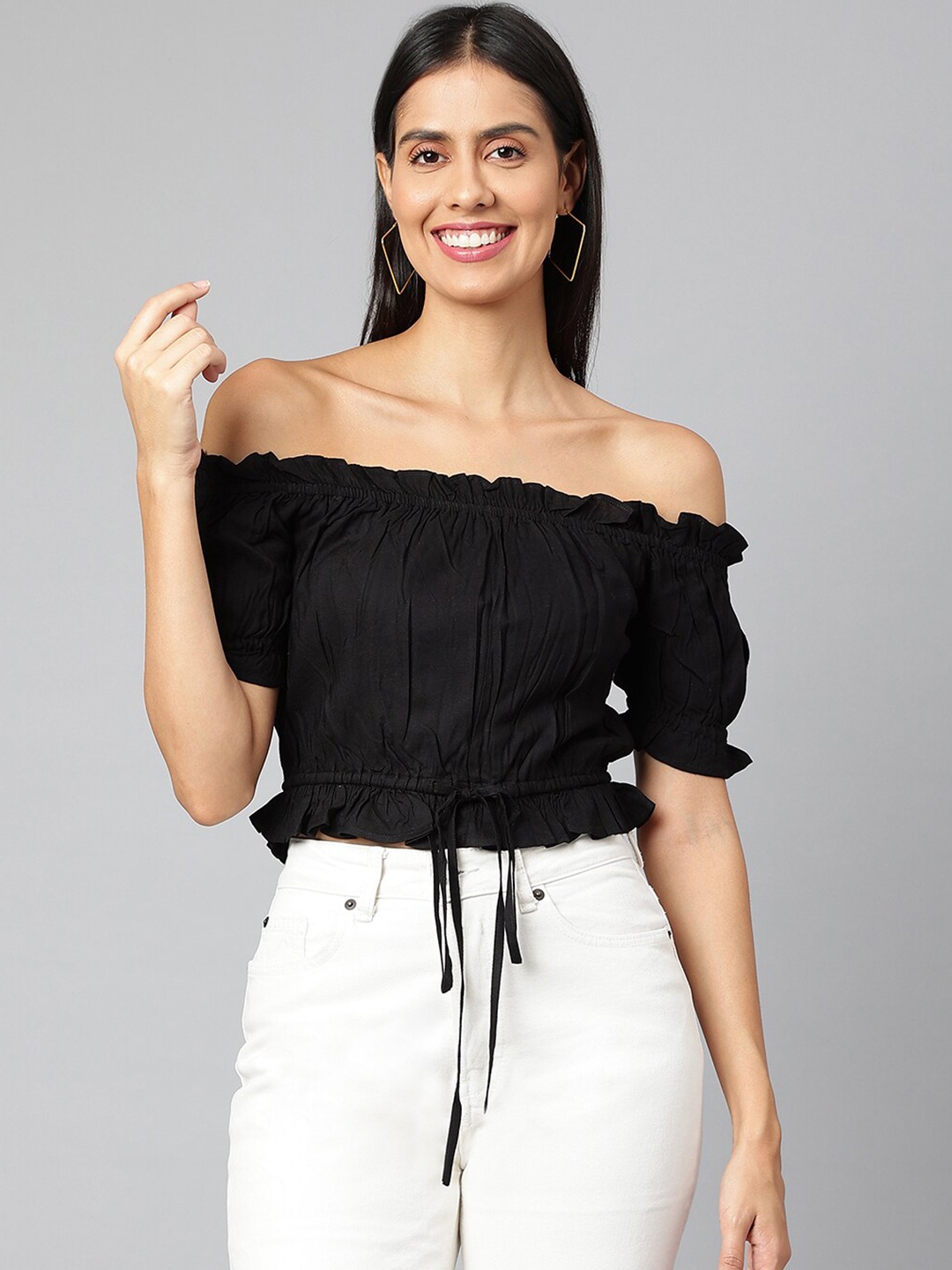 

FINSBURY LONDON Black Off-Shoulder Pure Cotton Bardot Crop Top