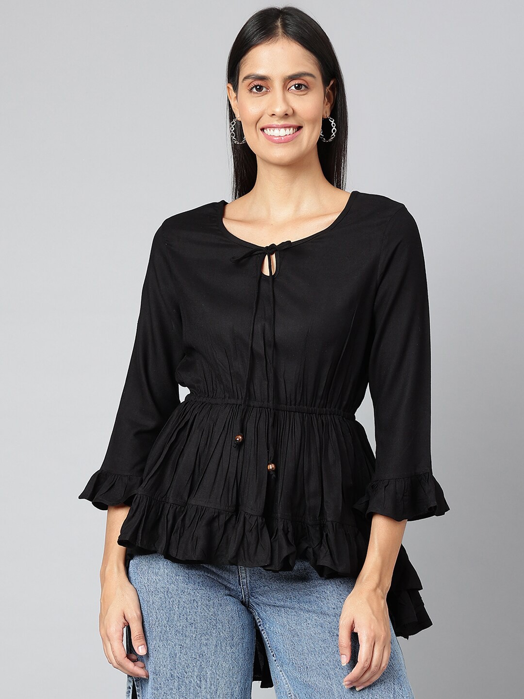 

FINSBURY LONDON Black Pure Cotton Tie-Up Neck Cinched Waist Top
