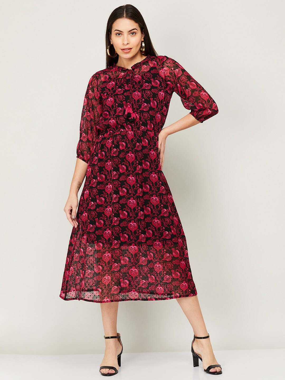 

Colour Me by Melange Black & Red Floral A-Line Midi Dress