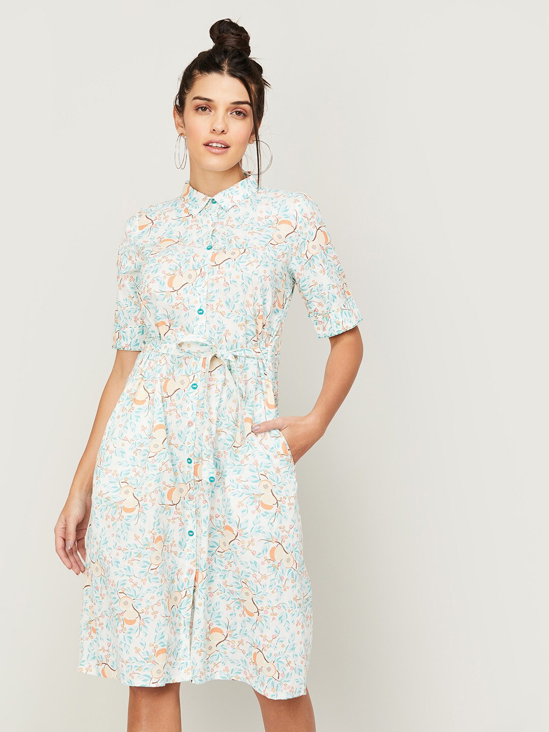 

Colour Me by Melange Women White Floral Printed Cotton Shirt Dress