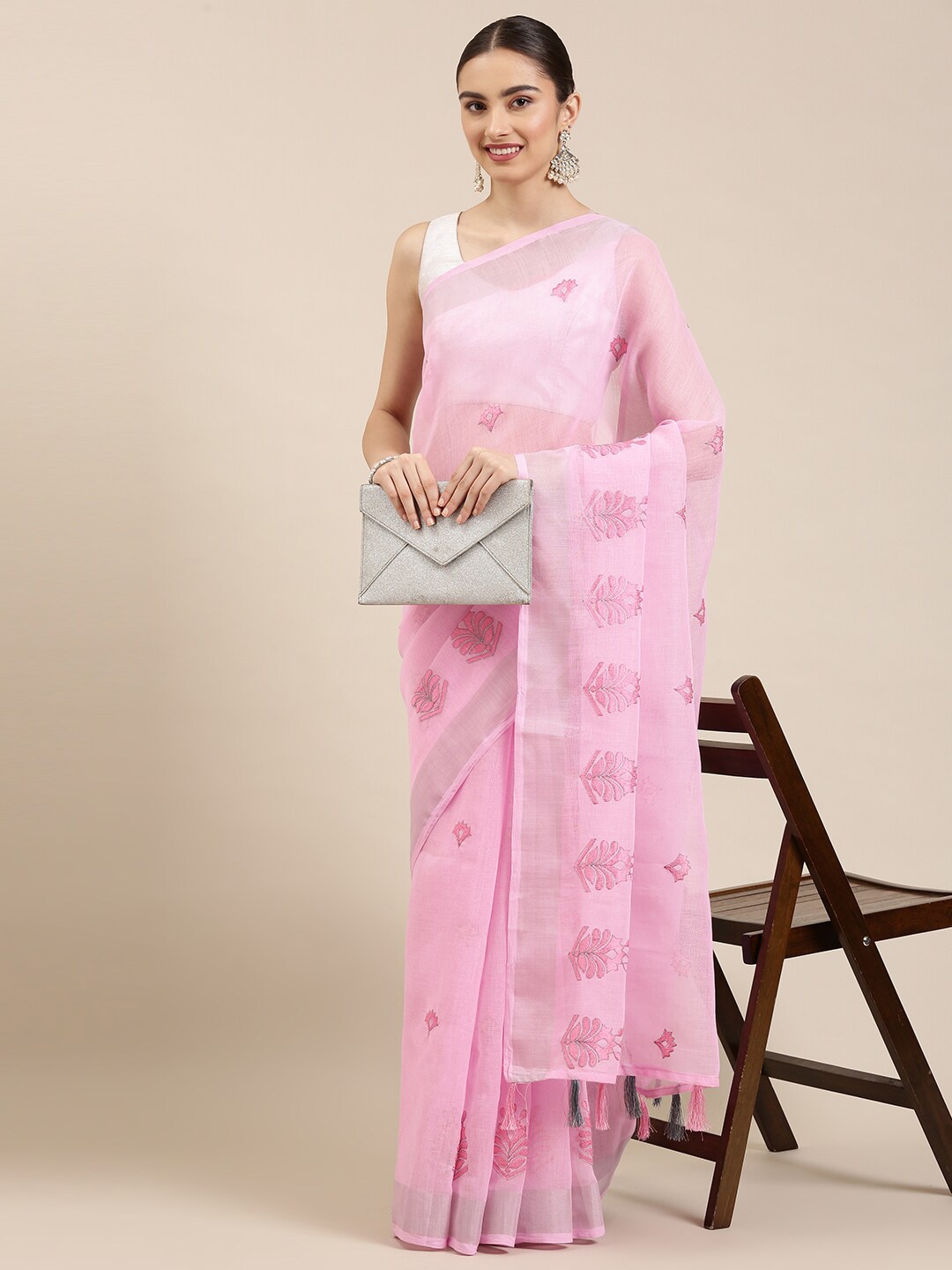 

The Chennai Silks Pink & Silver-Toned Embellished Embroidered Linen Blend Fusion Saree