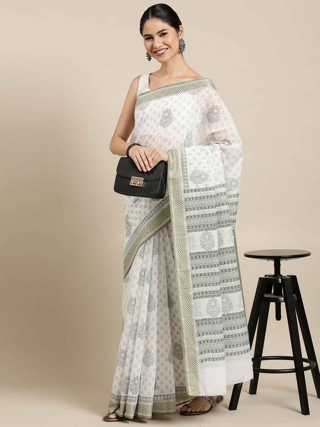 

The Chennai Silks White & Green Floral Pure Cotton Saree