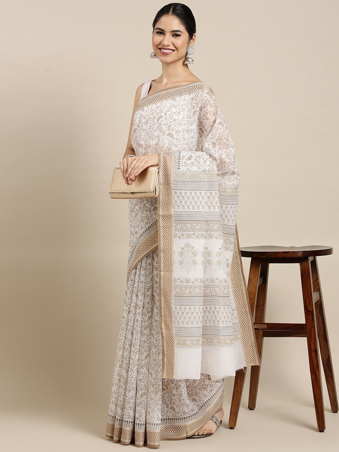 

The Chennai Silks White & Brown Floral Pure Cotton Fusion Saree