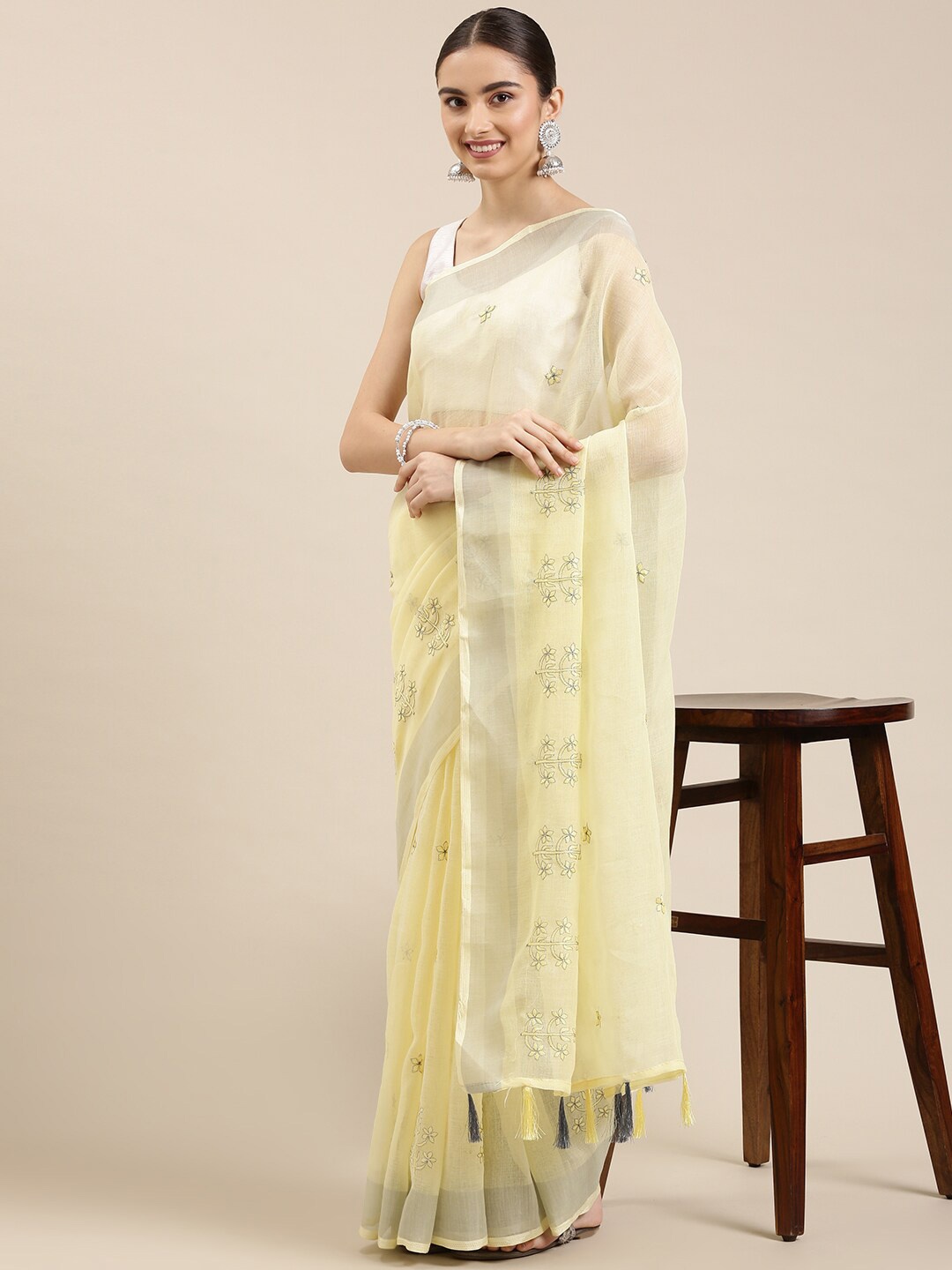 

The Chennai Silks Yellow & Grey Embellished Embroidered Linen Blend Fusion Saree