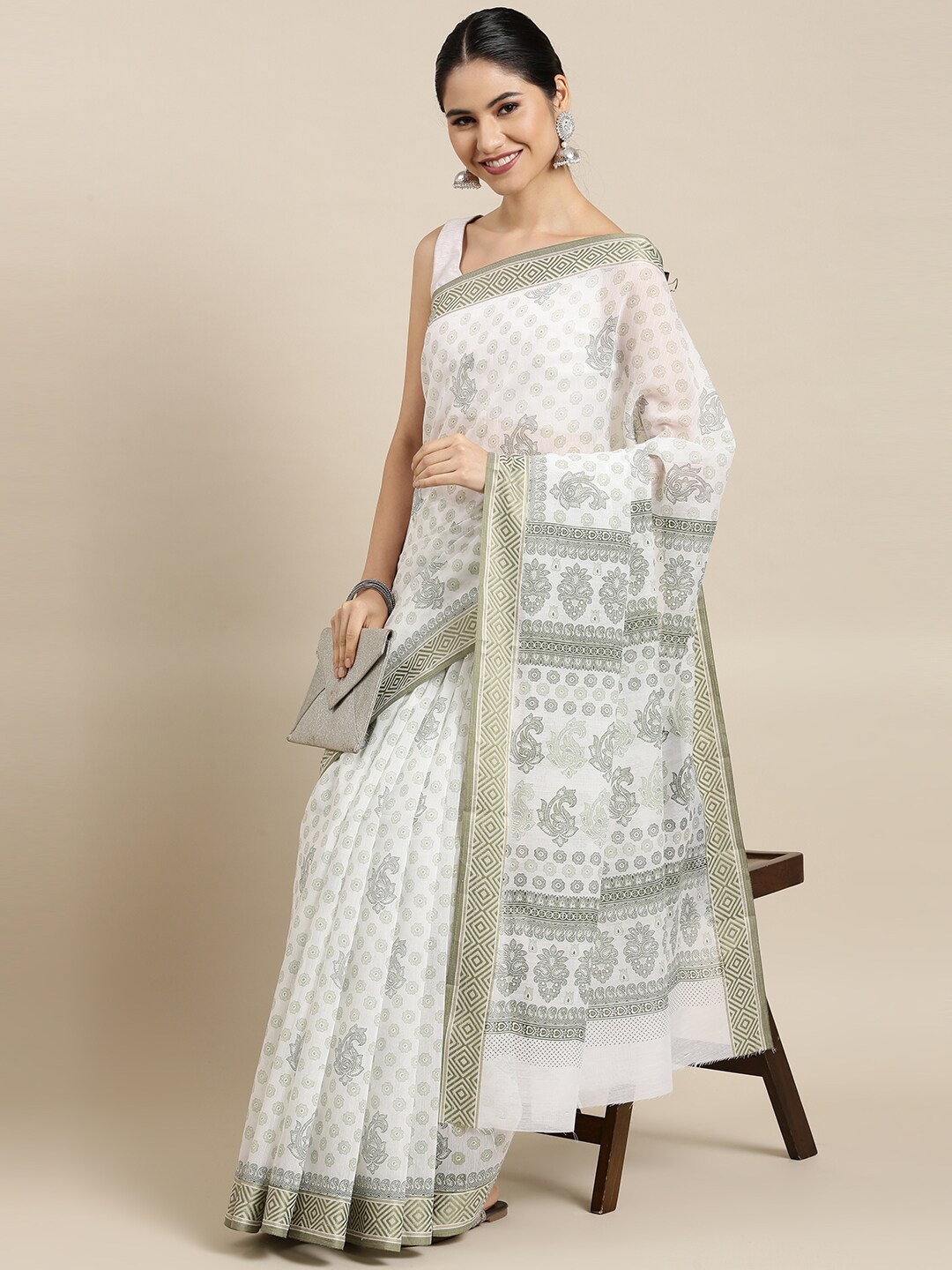 

The Chennai Silks White & Grey Floral Pure Cotton Saree
