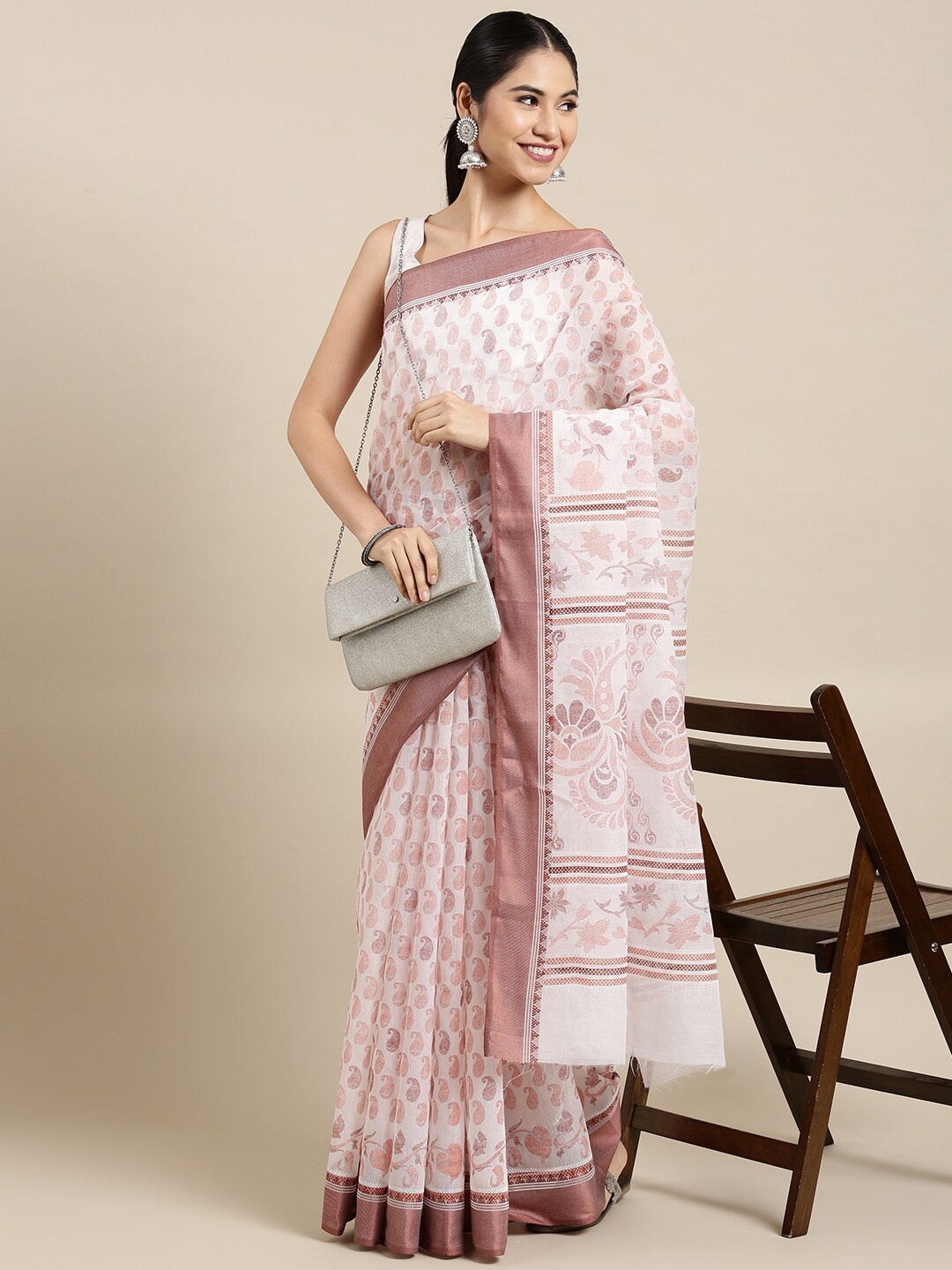 

The Chennai Silks White & Pink Paisley Pure Cotton Fusion Saree