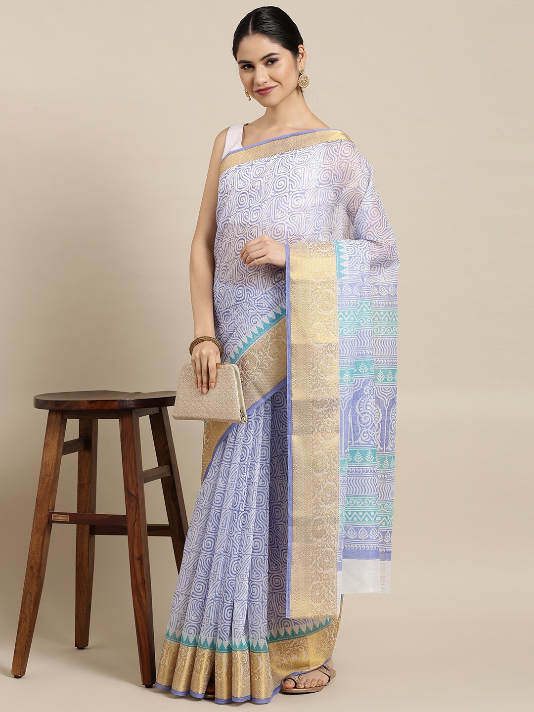 

The Chennai Silks Blue & White Zari Pure Cotton Fusion Saree