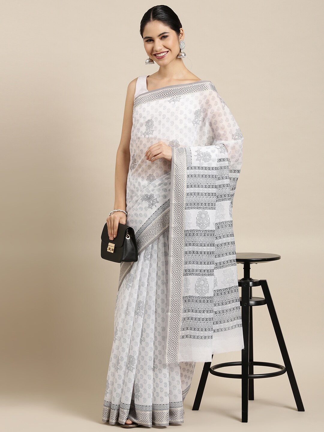 

The Chennai Silks White & Grey Floral Pure Cotton Fusion Saree
