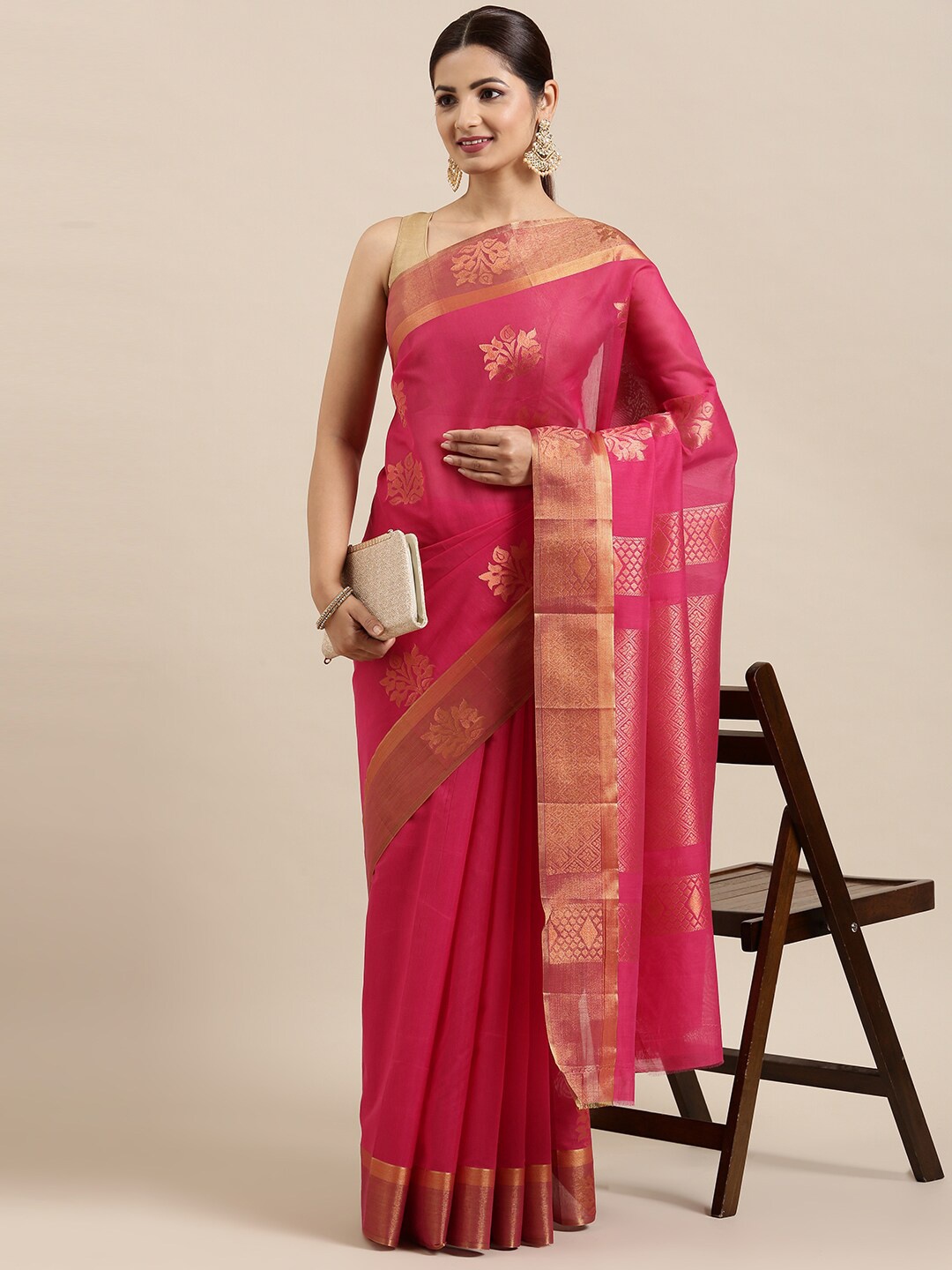 

The Chennai Silks Magenta & Gold-Toned Ethnic Motifs Zari Silk Cotton Maheshwari Saree