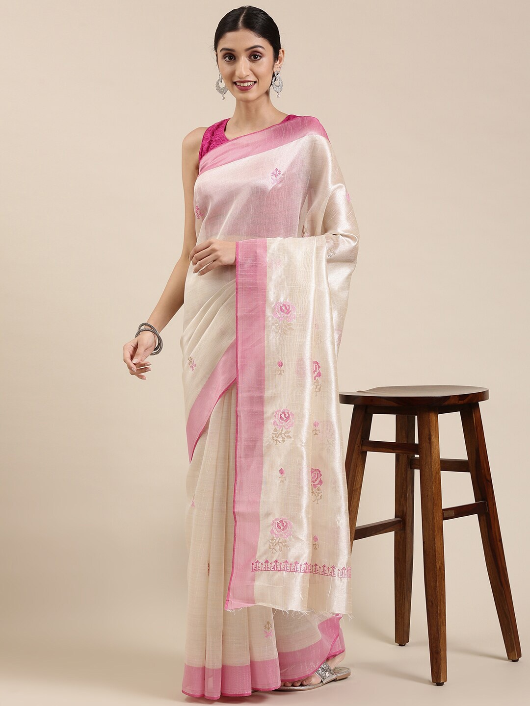 

The Chennai Silks Cream-Coloured & Pink Embellished Embroidered Banarasi Saree