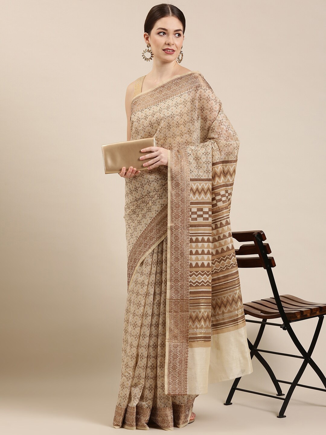 

The Chennai Silks Beige & Brown Floral Pure Cotton Chanderi Saree