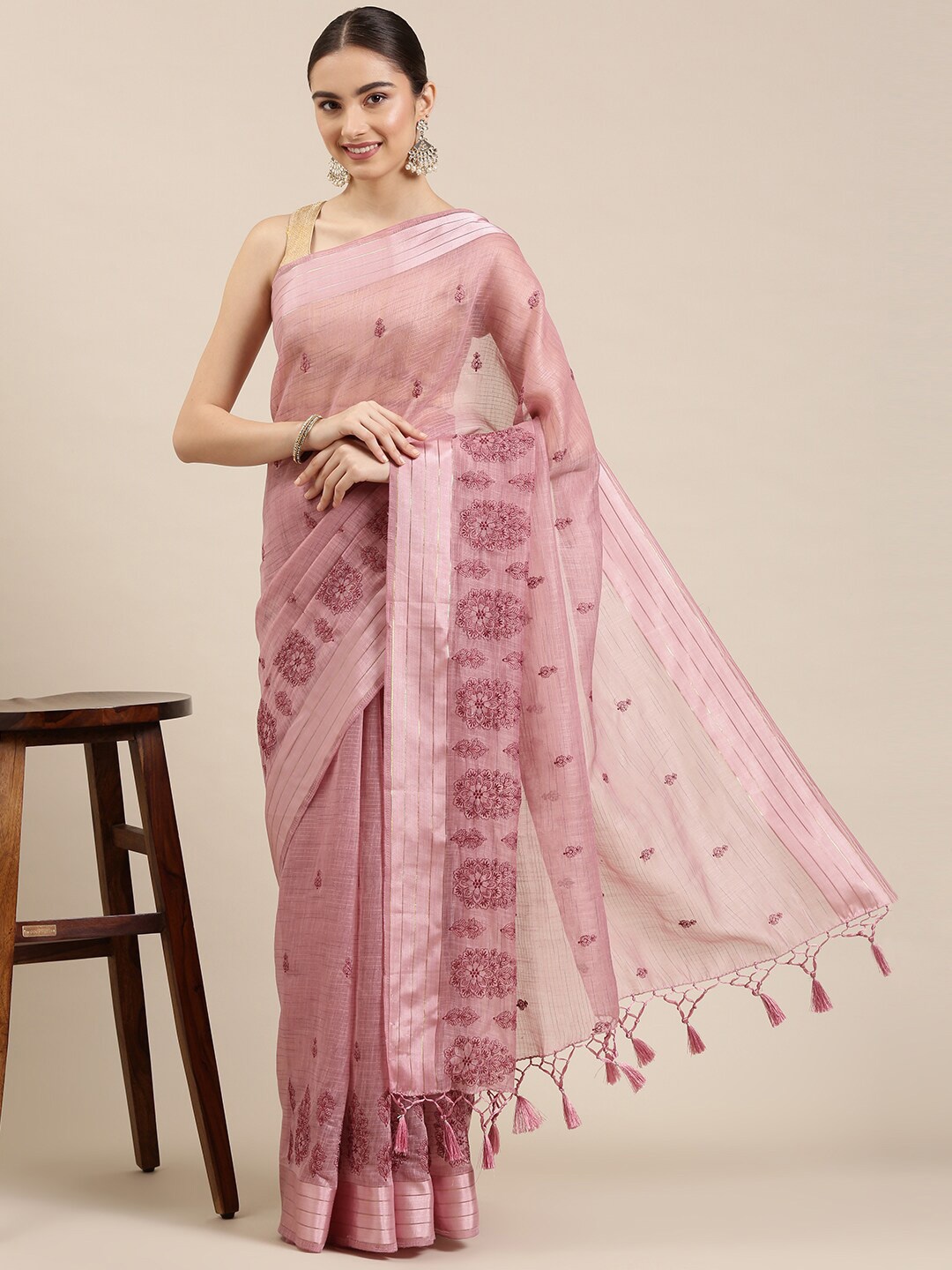 

The Chennai Silks Pink & Maroon Ethnic Motifs Embroidered Pure Cotton Saree