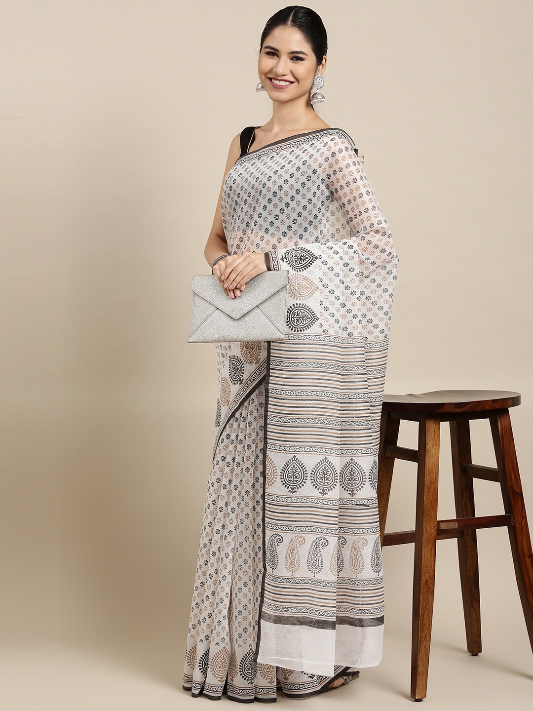 

The Chennai Silks White & Black Floral Pure Cotton Saree