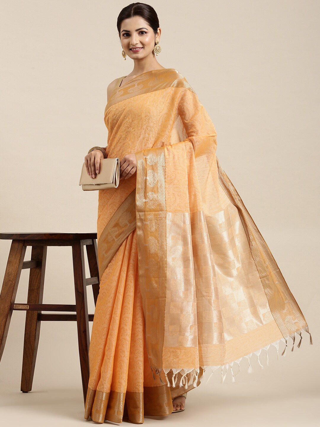 

The Chennai Silks Yellow & Gold-Toned Paisley Pure Cotton Saree