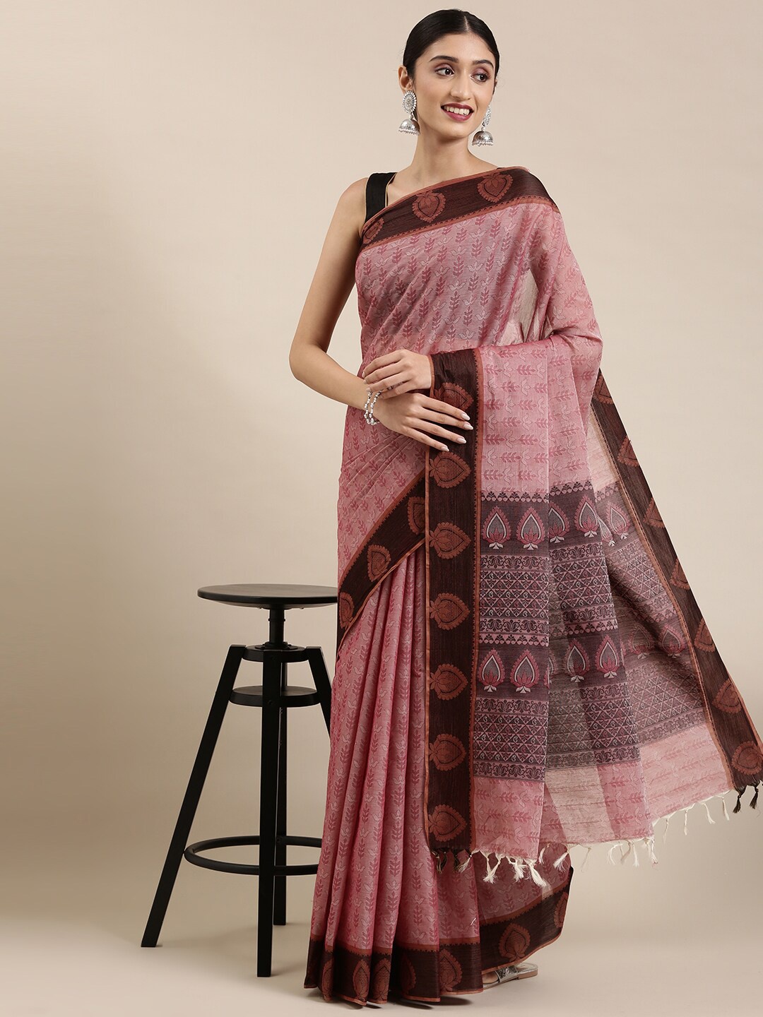 

The Chennai Silks Pink & White Floral Pure Cotton Saree