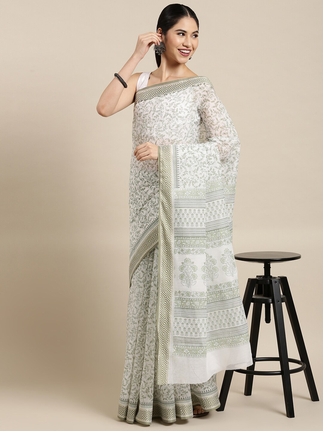 

The Chennai Silks White & Green Floral Pure Cotton Fusion Saree