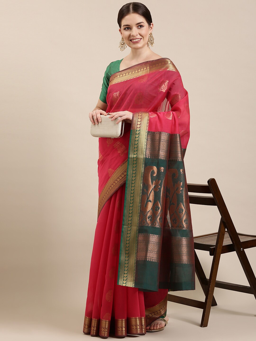 

The Chennai Silks Pink & Green Ethnic Motifs Zari Silk Cotton Fusion Maheshwari Saree