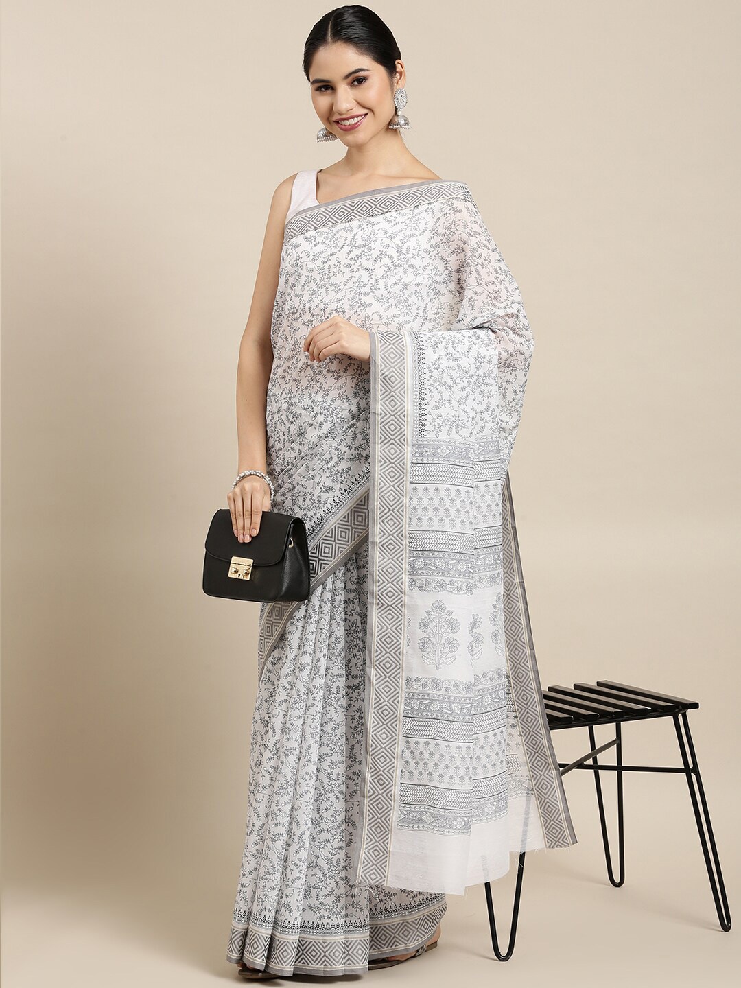 

The Chennai Silks Women White & Grey Floral Pure Cotton Fusion Saree