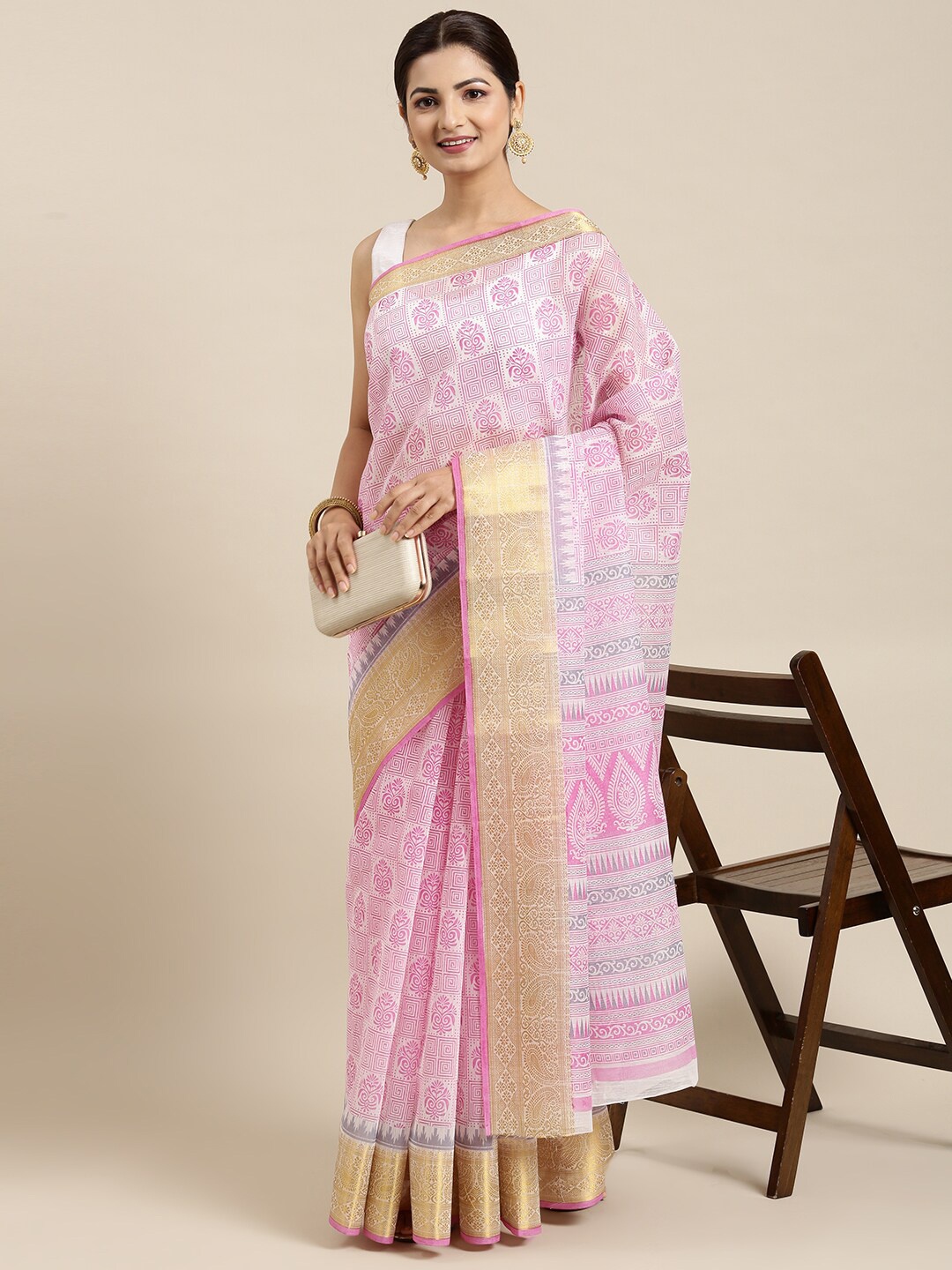 

The Chennai Silks Women Pink & White Floral Zari Pure Cotton Fusion Saree