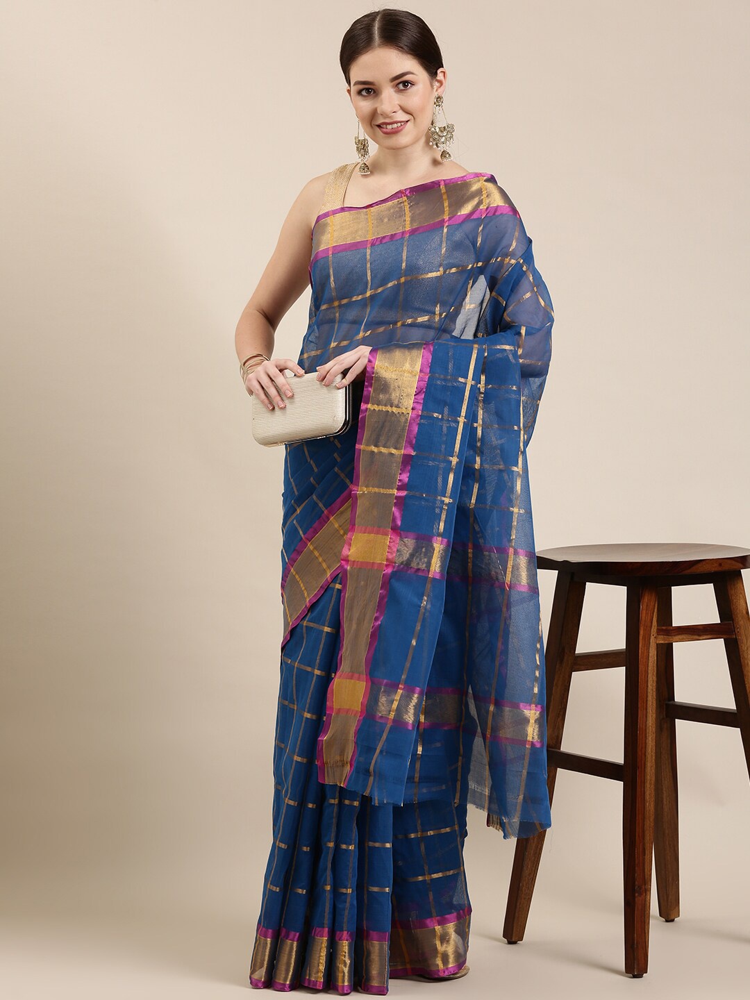 

The Chennai Silks Blue & Gold-Toned Checked Zari Pure Cotton Venkatgiri Saree