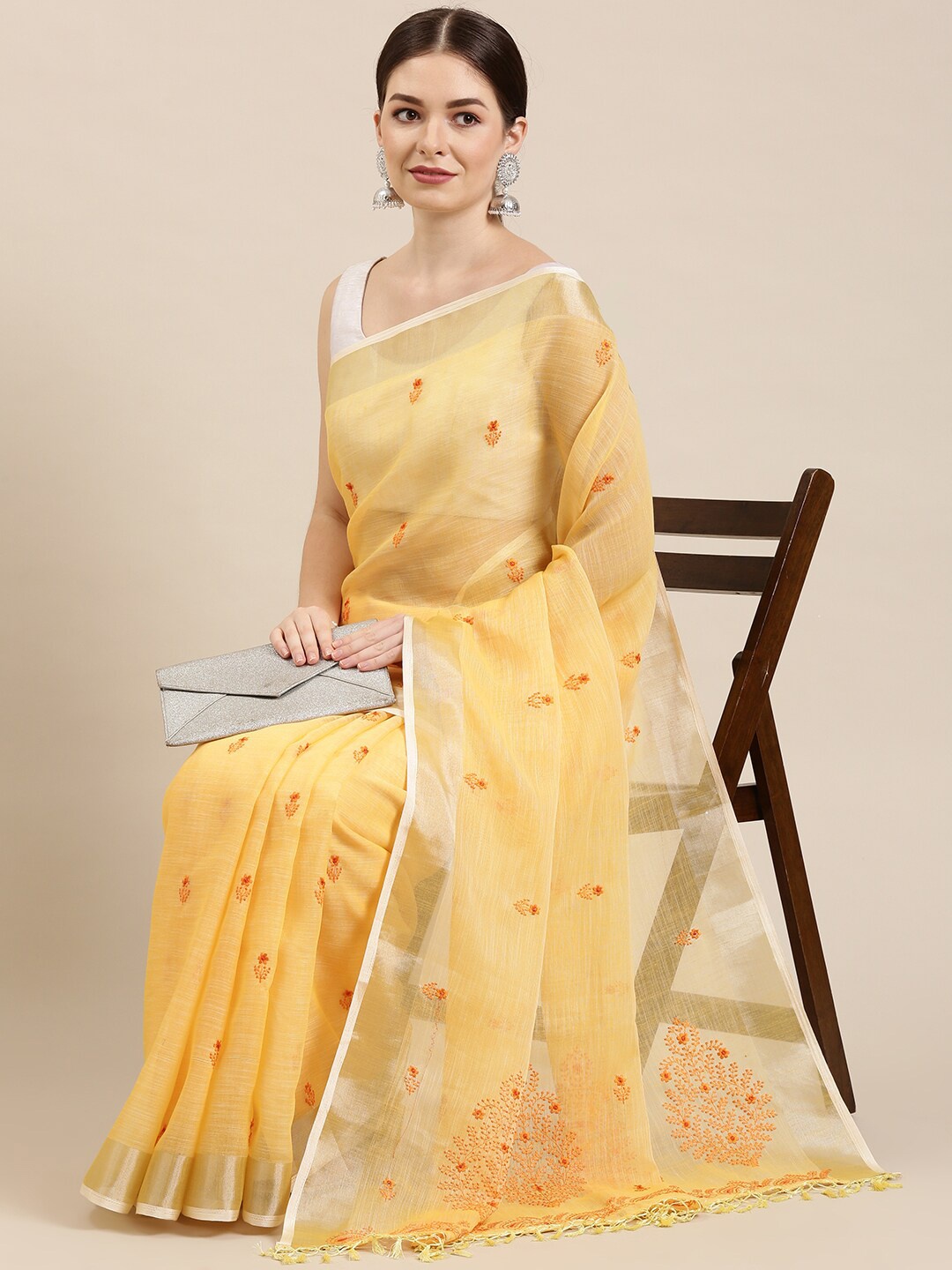 

The Chennai Silks Yellow & Gold-Toned Floral Embroidered Linen Blend Saree