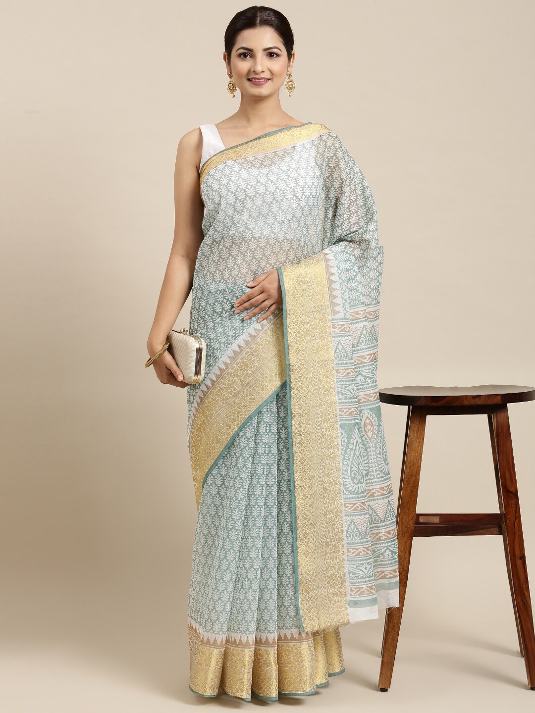 

The Chennai Silks Sea Green & Off White Floral Zari Pure Cotton Saree