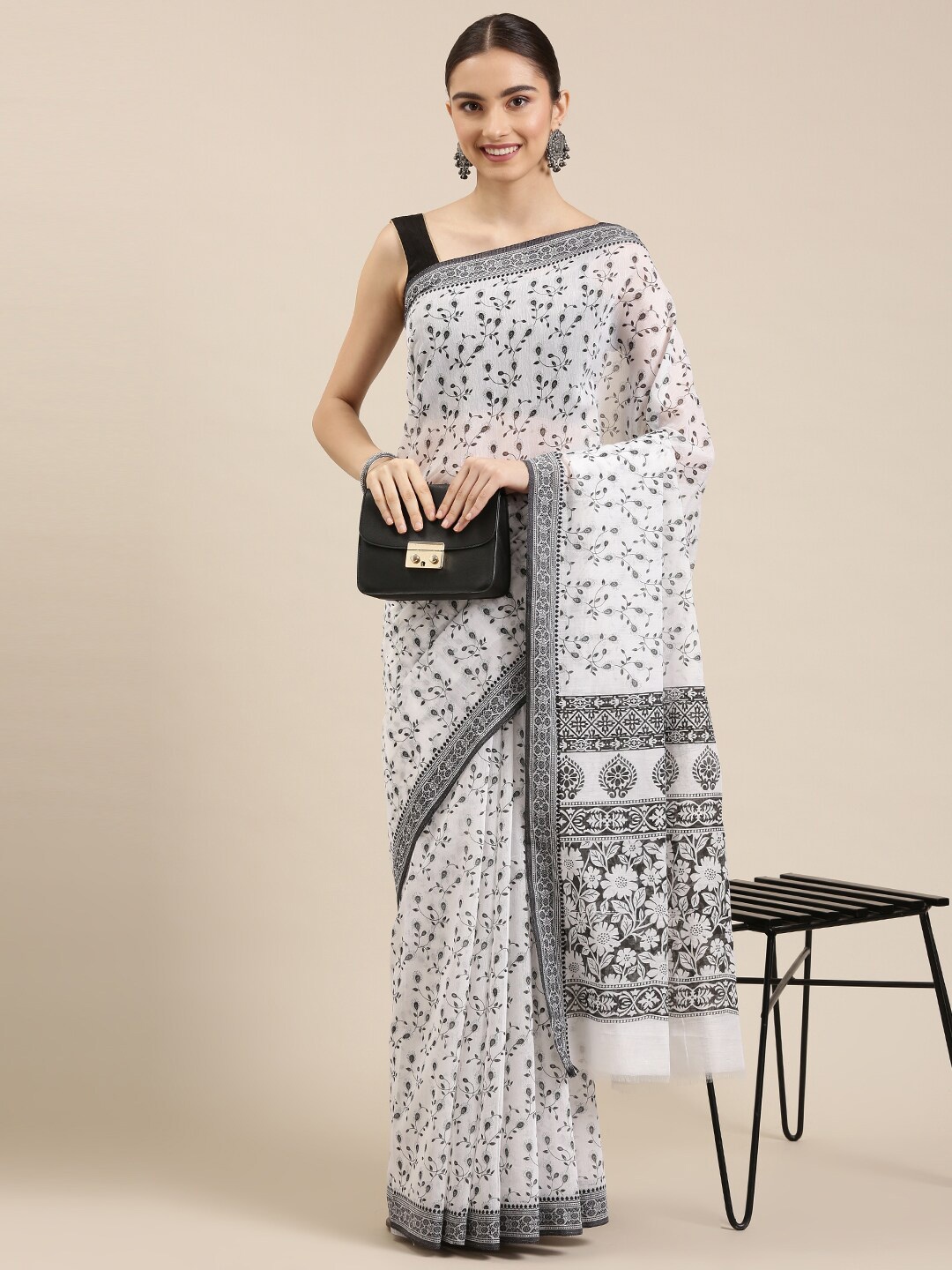 

The Chennai Silks White & Black Floral Pure Cotton Chanderi Saree