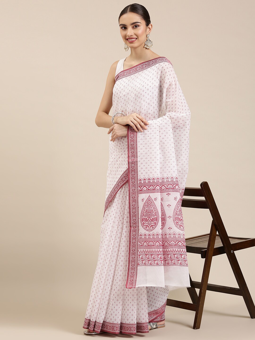 

The Chennai Silks White & Pink Ethnic Motifs Pure Cotton Chanderi Saree