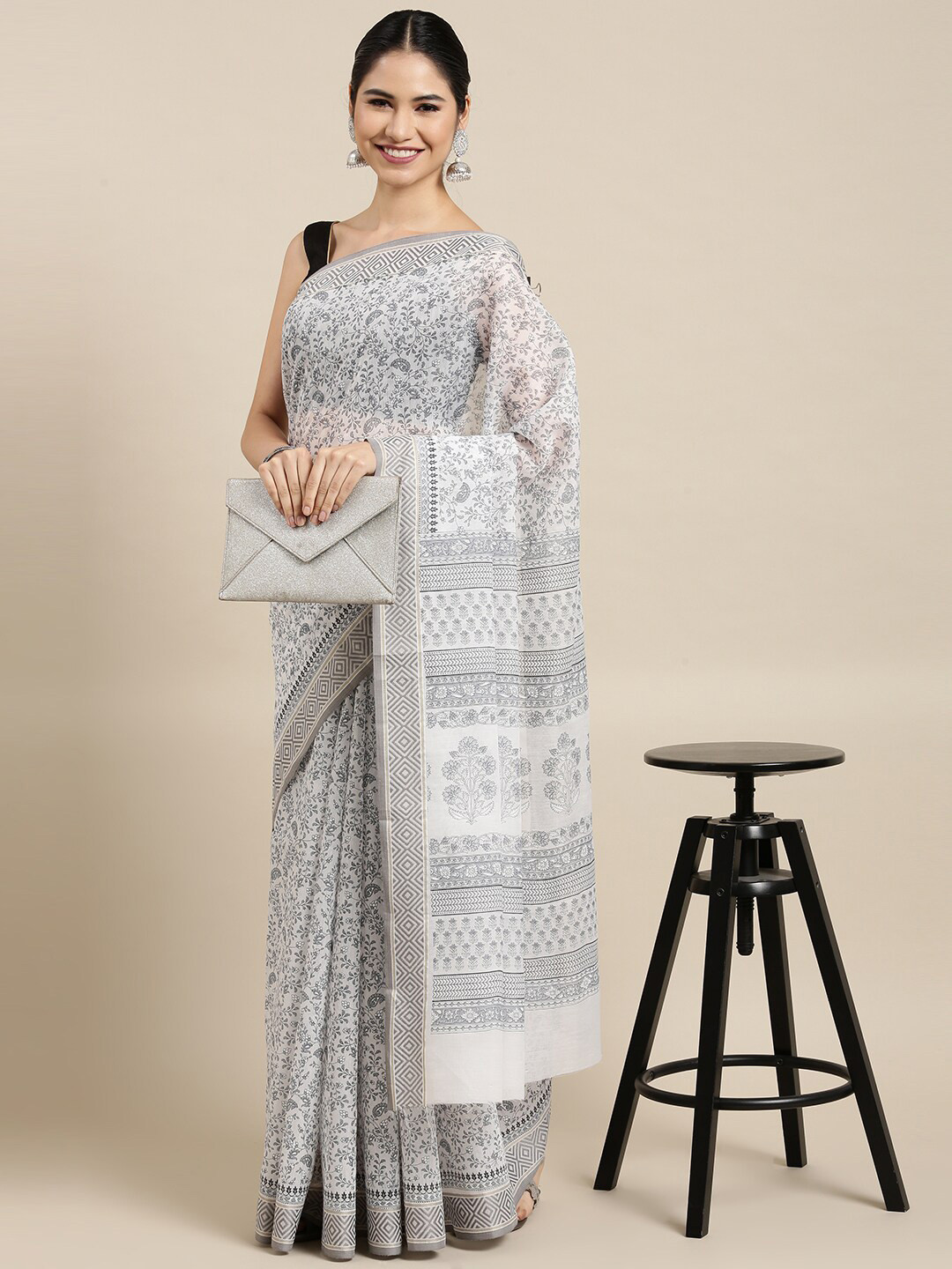 

The Chennai Silks White & Grey Floral Pure Cotton Saree
