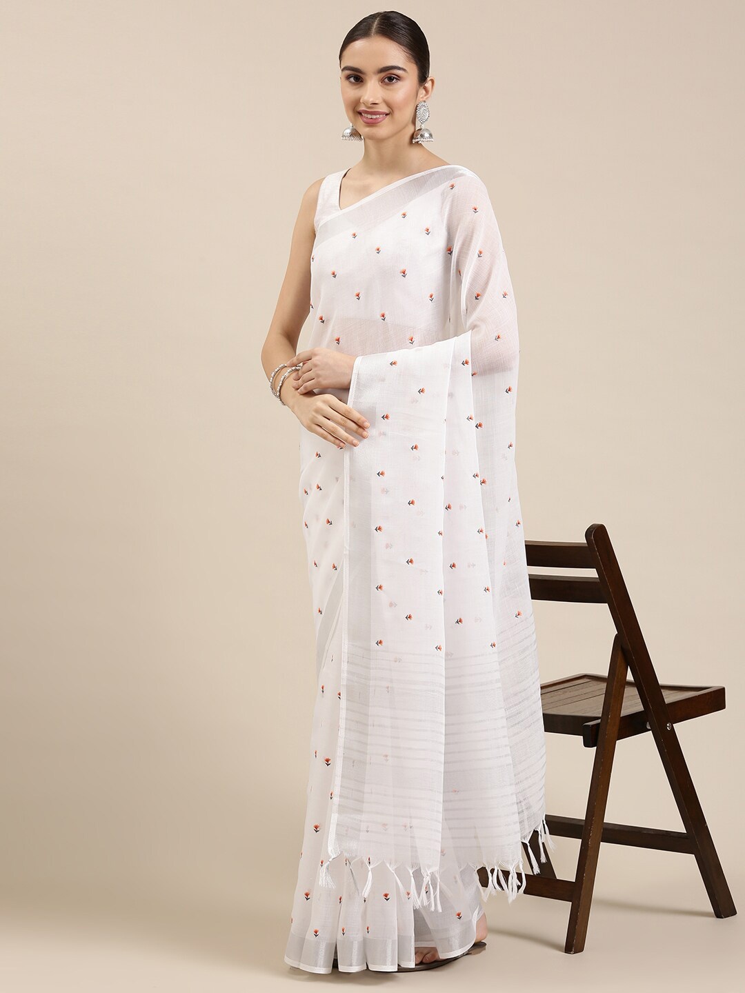 

The Chennai Silks White & Red Floral Embroidered Linen Blend Saree