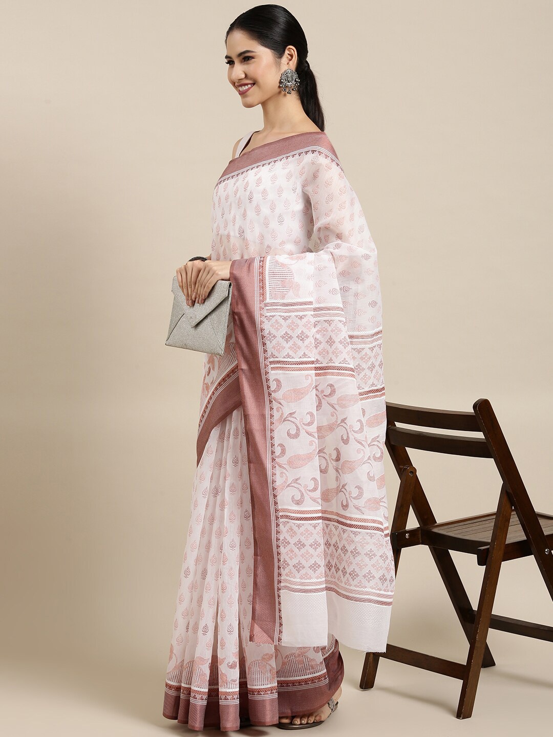 

The Chennai Silks White & Pink Floral Pure Cotton Fusion Saree