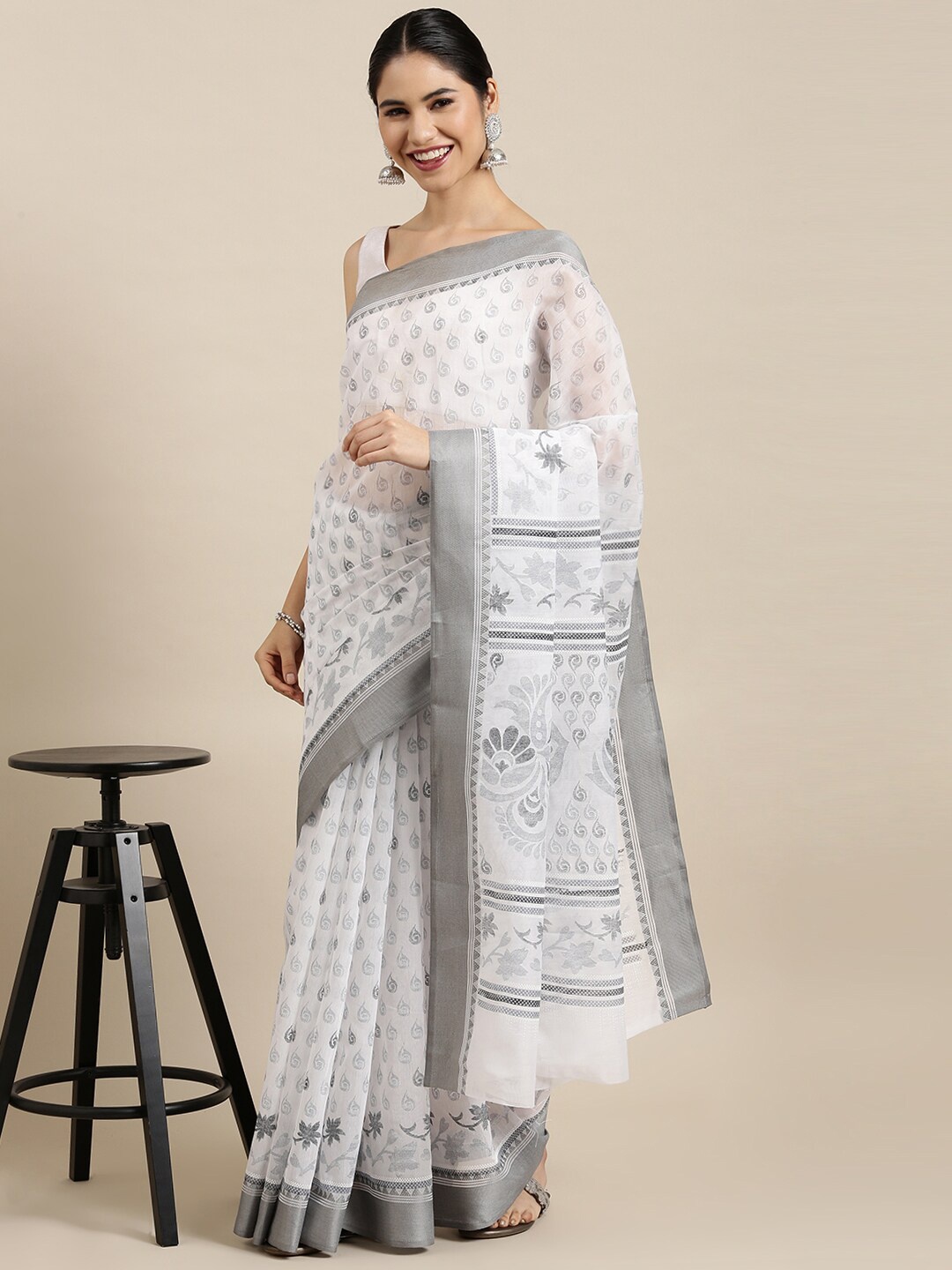 

The Chennai Silks White & Grey Floral Pure Cotton Fusion Saree