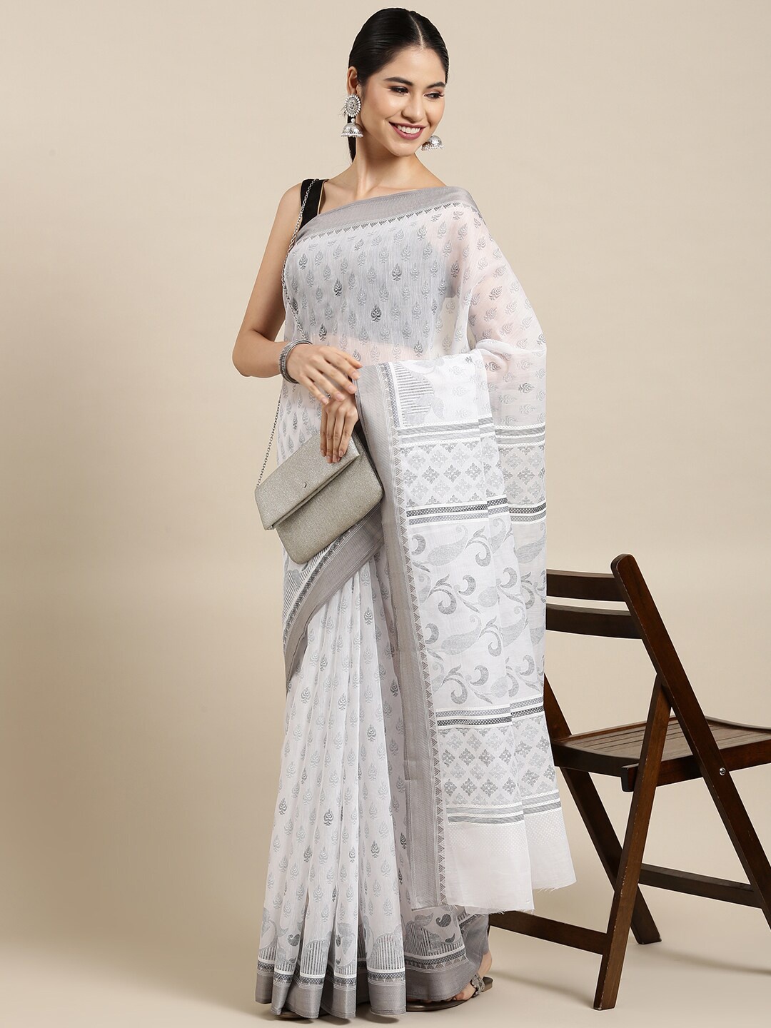 

The Chennai Silks White & Grey Floral Pure Cotton Fusion Saree