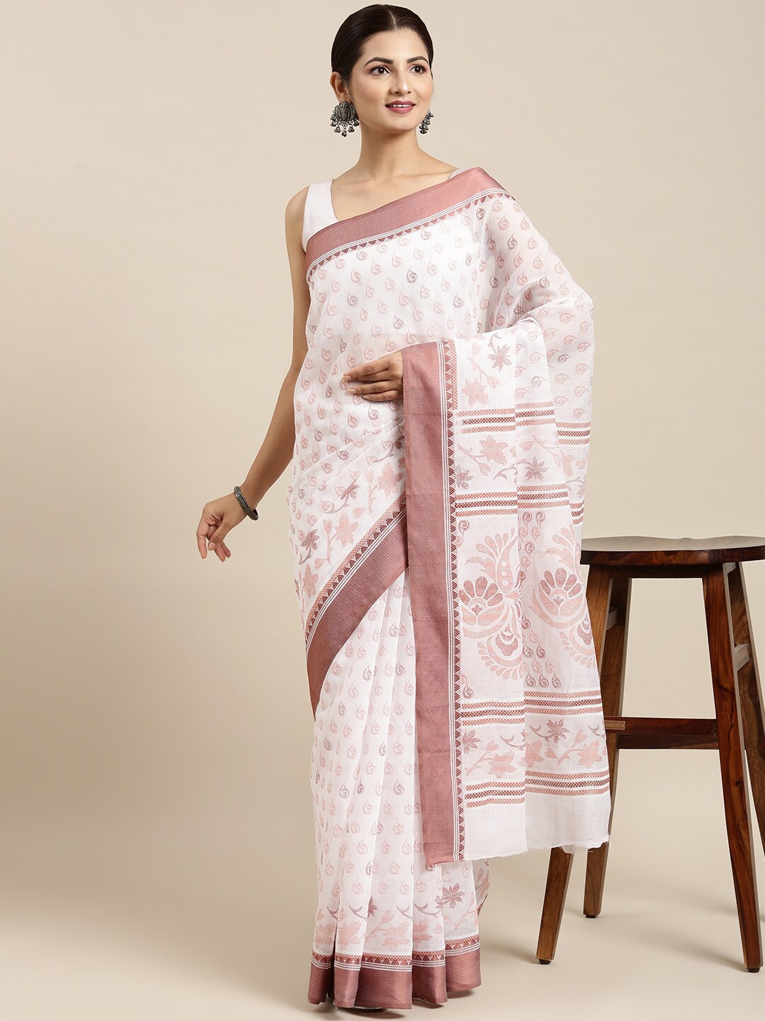 

The Chennai Silks White & Pink Floral Pure Cotton Fusion Saree