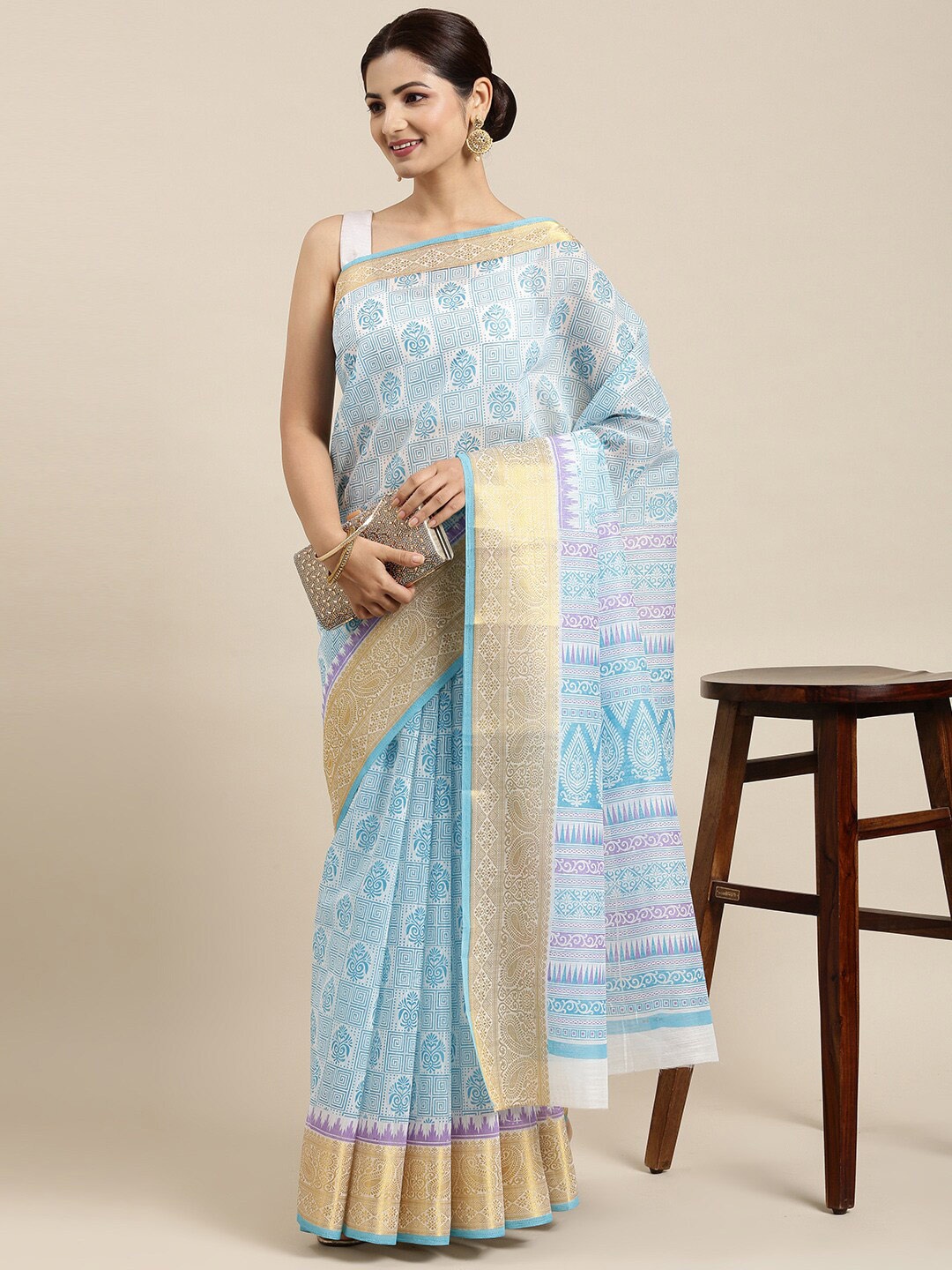 

The Chennai Silks White & Blue Floral Zari Pure Cotton Fusion Saree