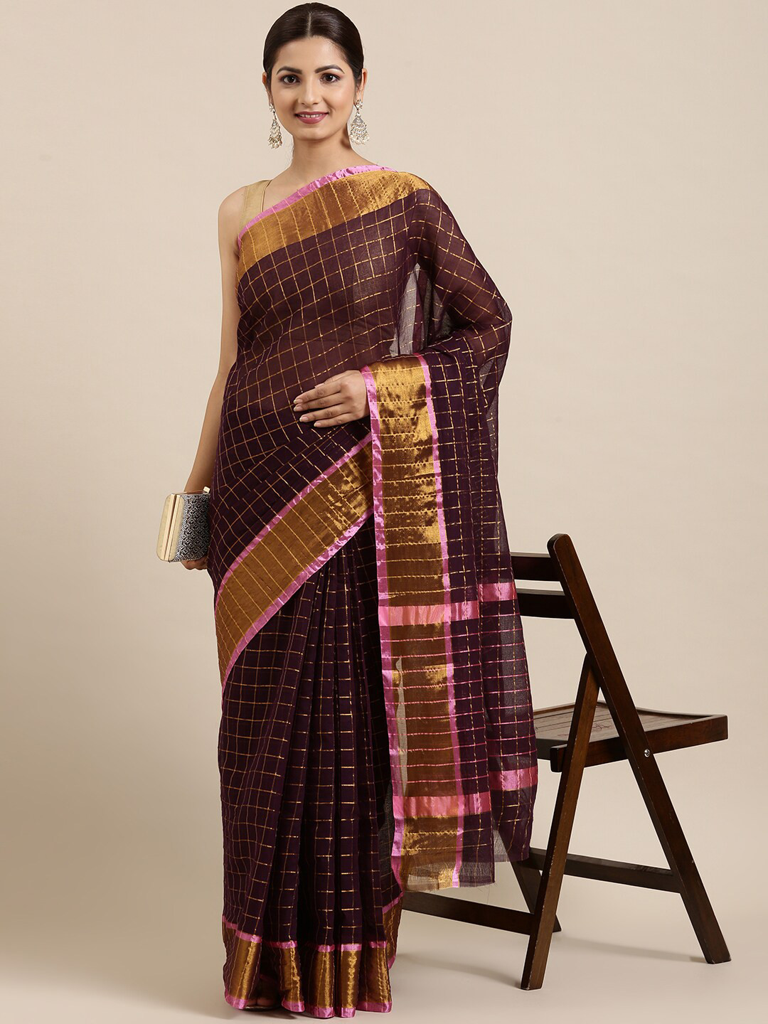 

The Chennai Silks Purple & Grey Checked Zari Pure Cotton Fusion Venkatgiri Saree