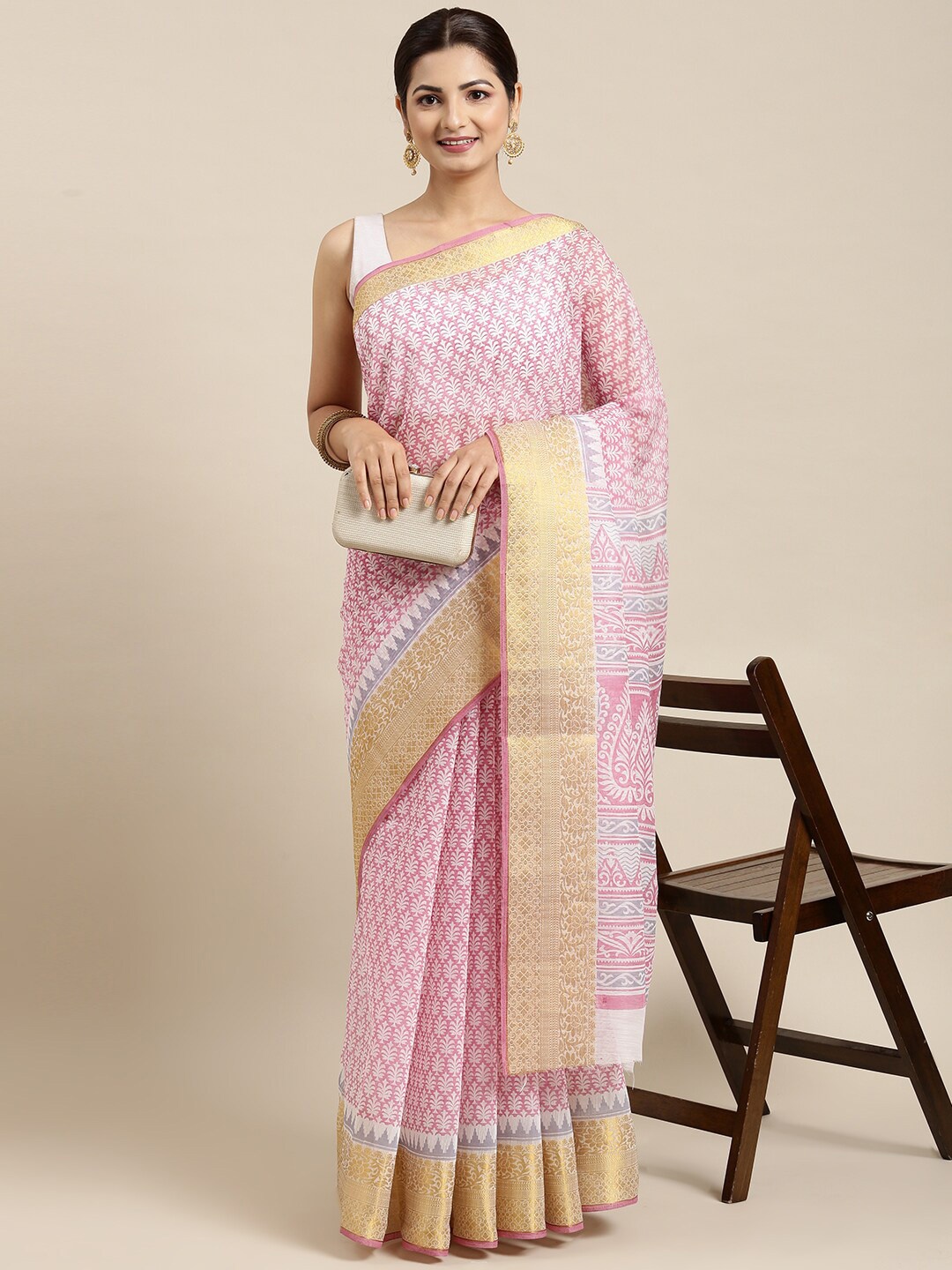 

The Chennai Silks Pink & Blue Floral Pure Cotton Fusion Saree