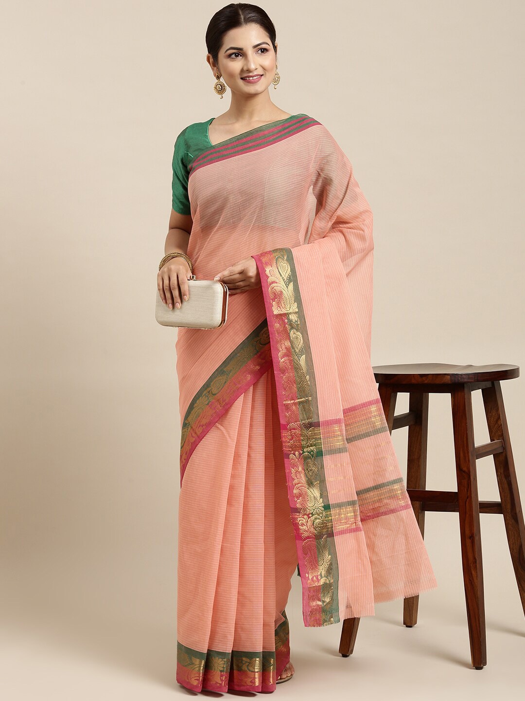 

The Chennai Silks Coral & Grey Striped Zari Pure Cotton Fusion Venkatgiri Saree