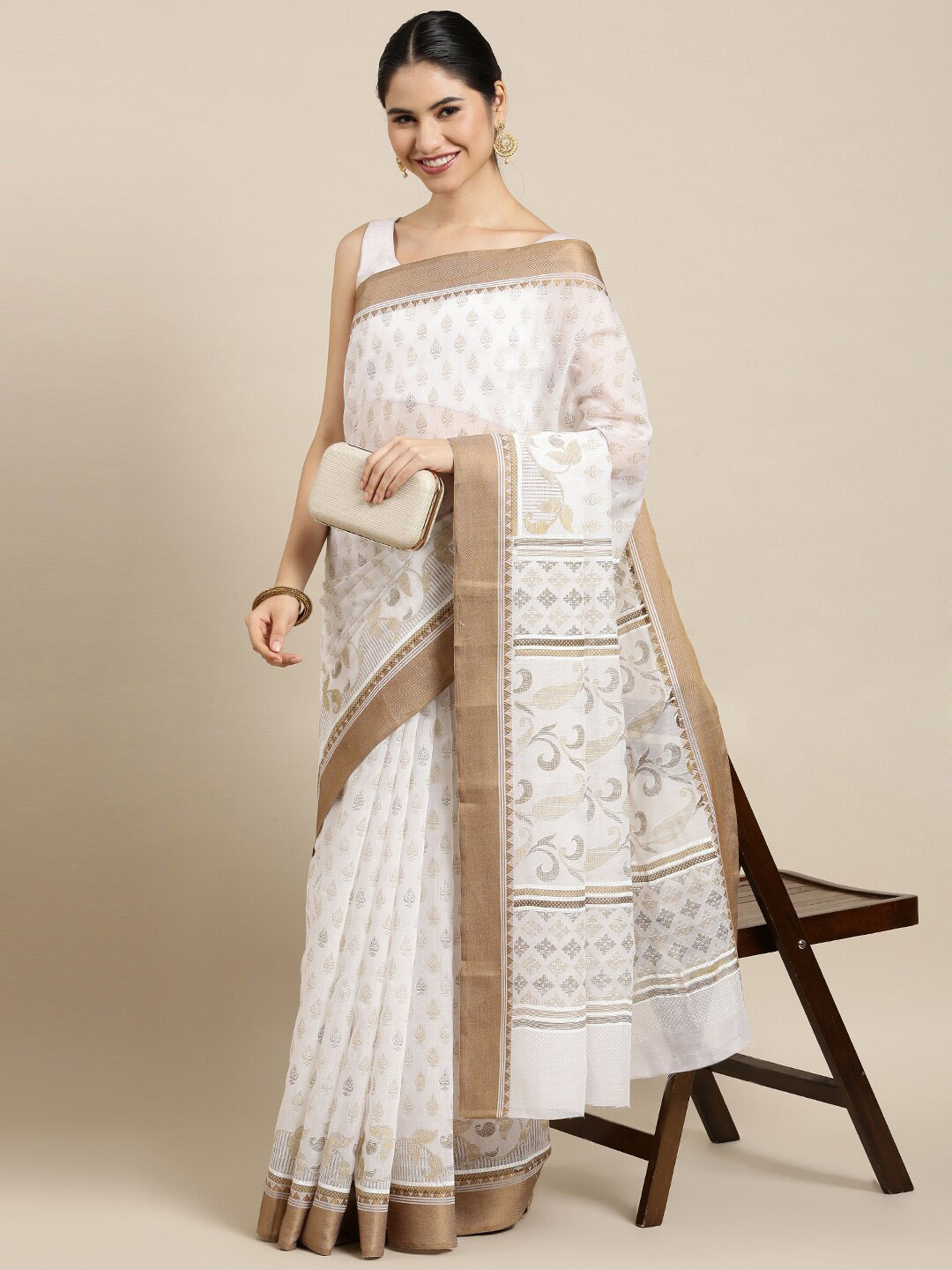 

The Chennai Silks White & Brown Floral Pure Cotton Fusion Saree